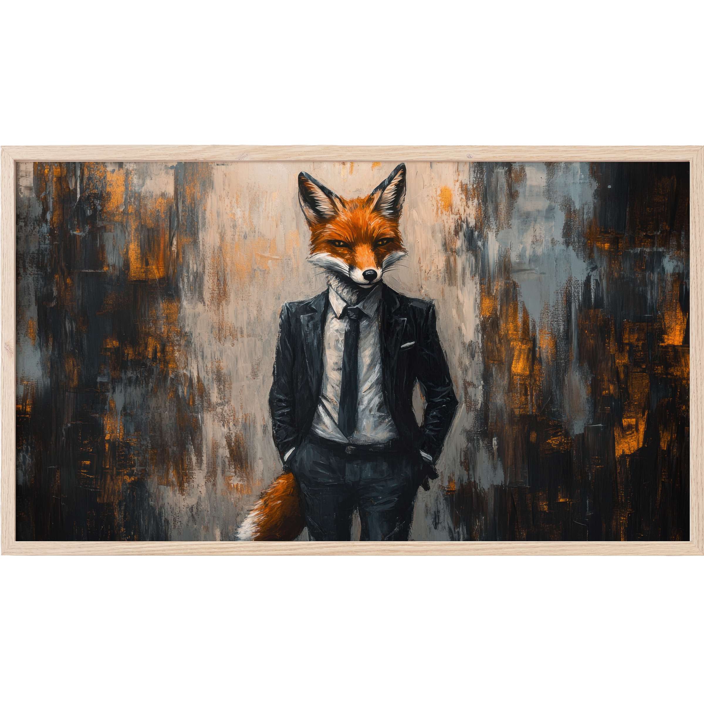 Elegant fox in a tailored suit against textured gray and orange backdrop, street art Frame TV Art in modern style