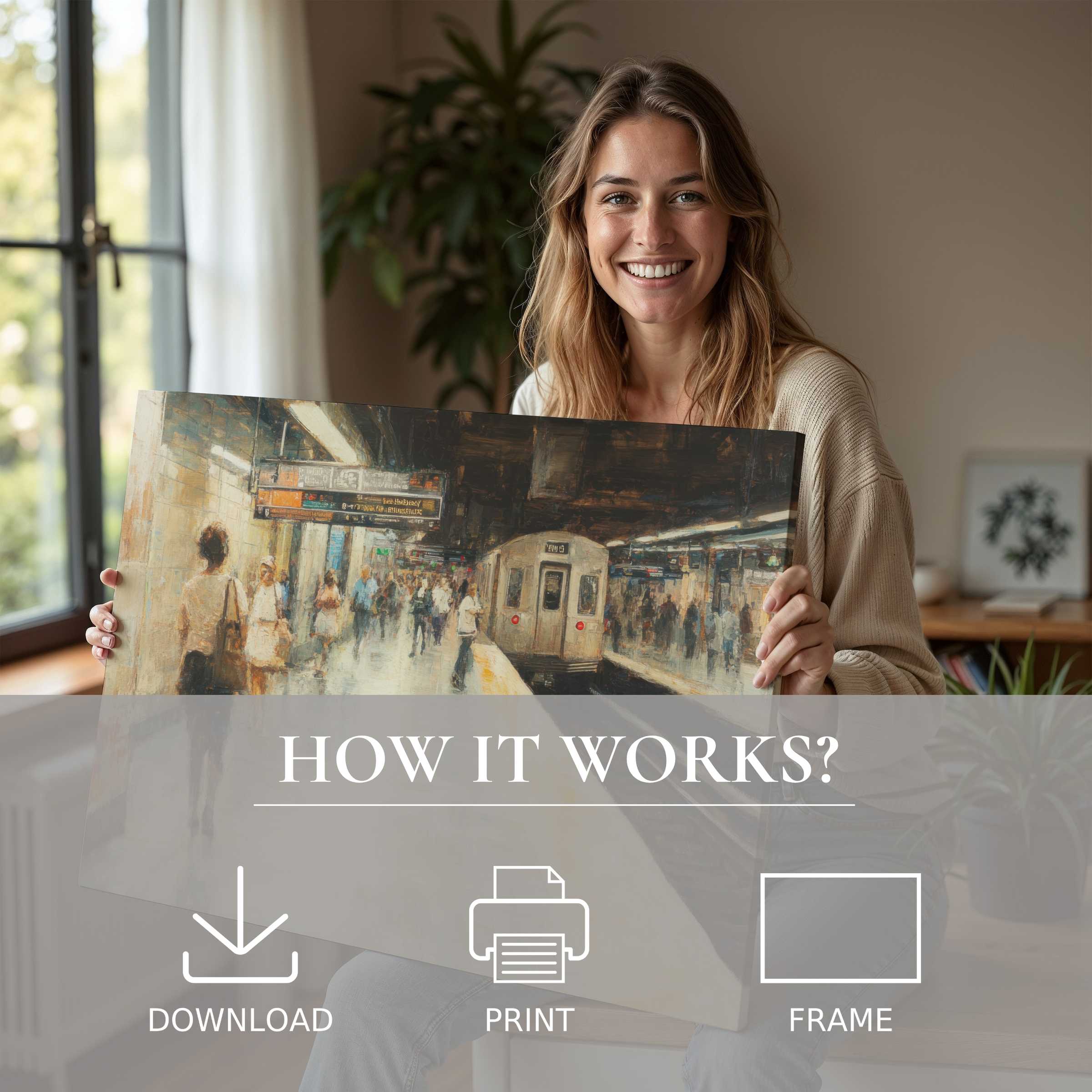 A joyful woman in a chic living room embraces an urban digital art print, capturing serene moments of everyday life