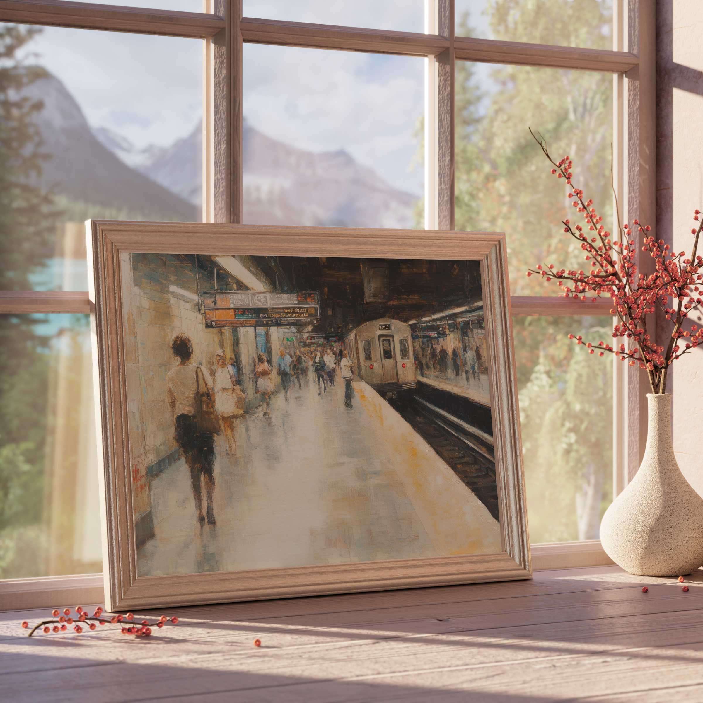 Urban downloadable art capturing a serene metro scene in soft, muted tones, perfect for elegant, curated interiors