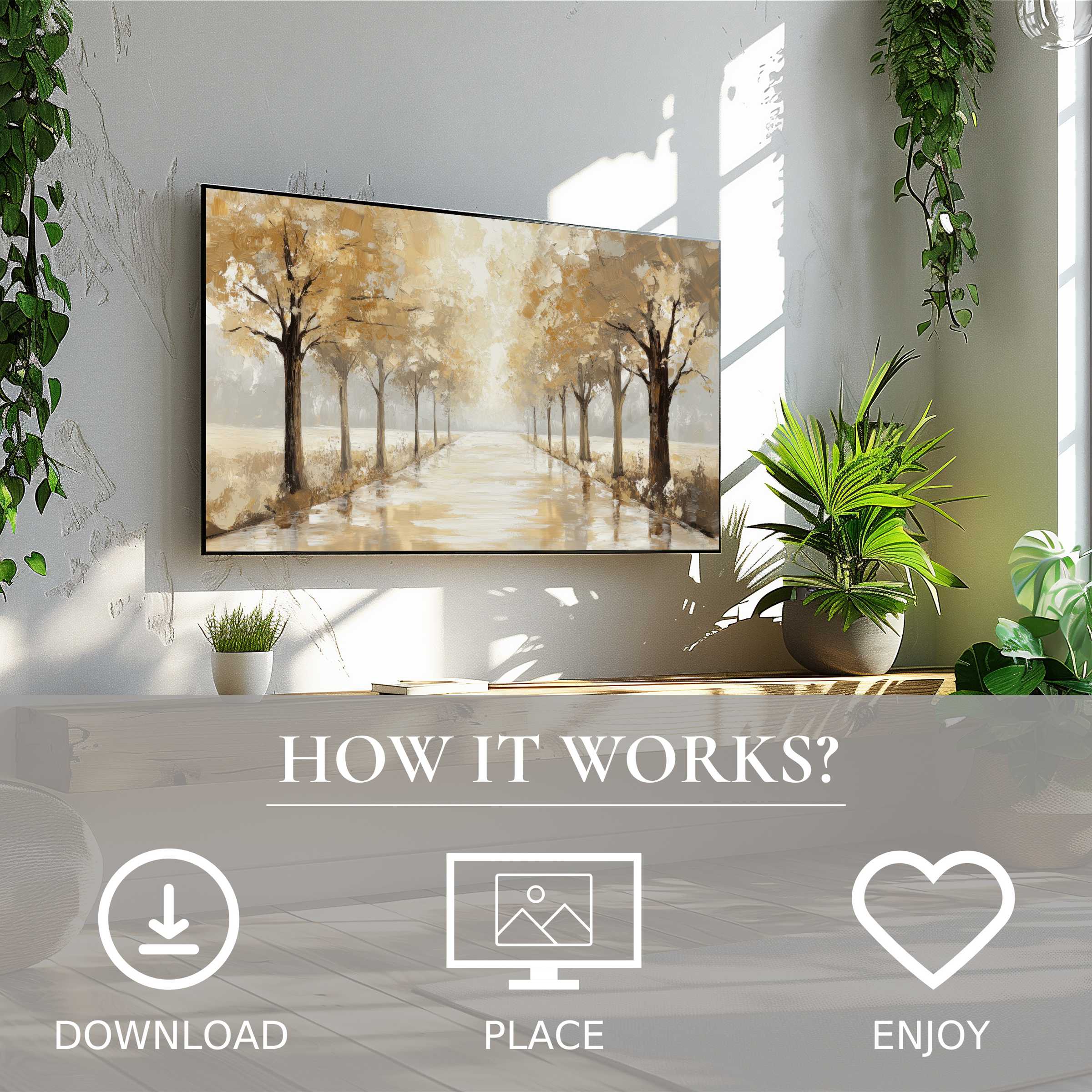 Tree art for Samsung TV; digital download features soft sunset tones, enriching modern living spaces with ease