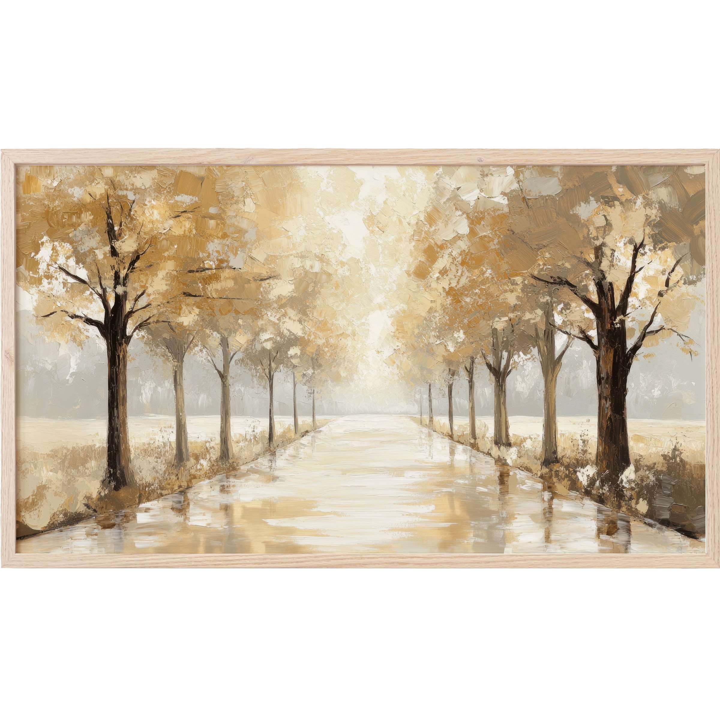 Serene pathway lined with golden autumn trees in soft brushstrokes, elegant tree Frame TV Art for modern decor