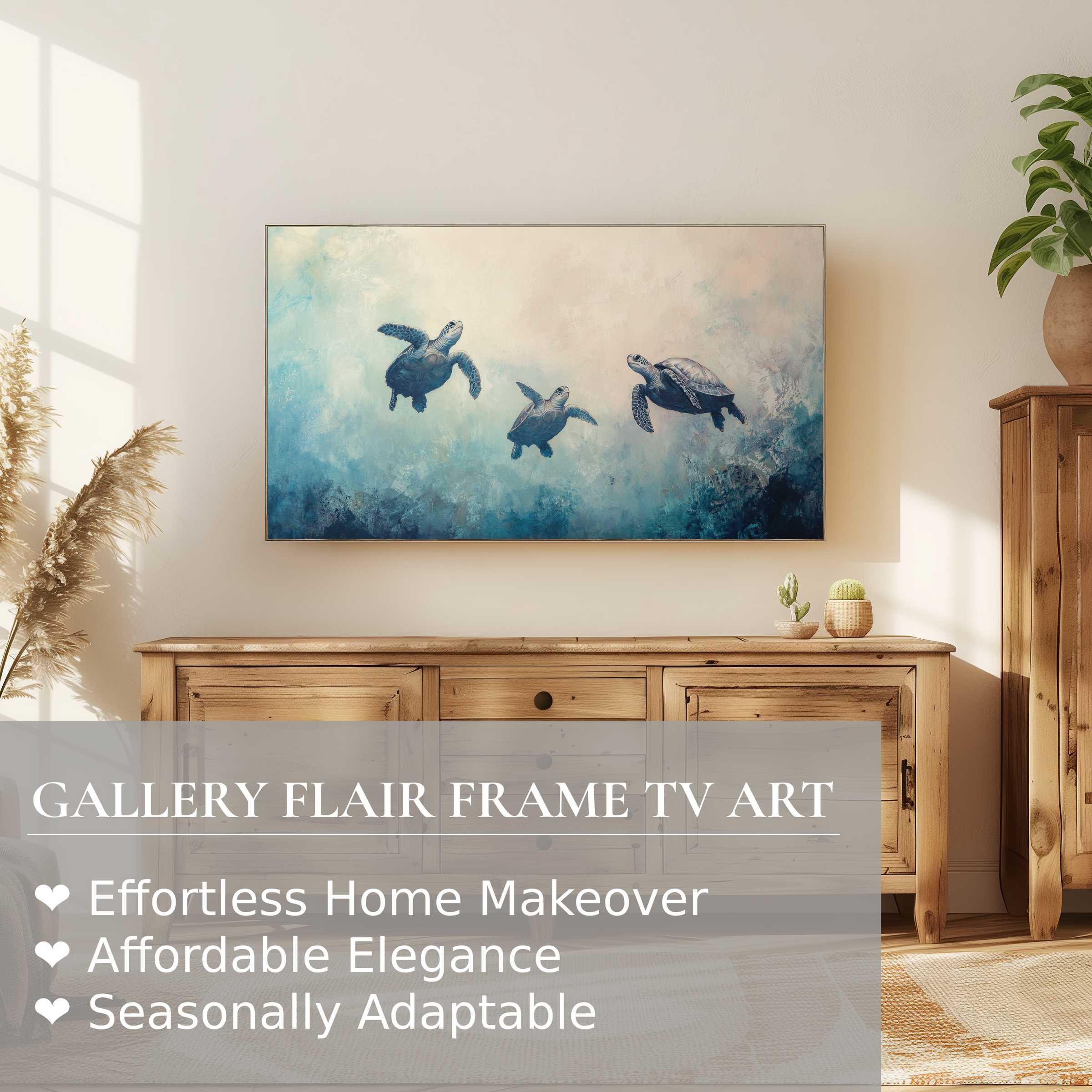 Samsung Frame TV displays refined beach digital artwork of sea turtles in soft, modern coastal hues for elegant decor
