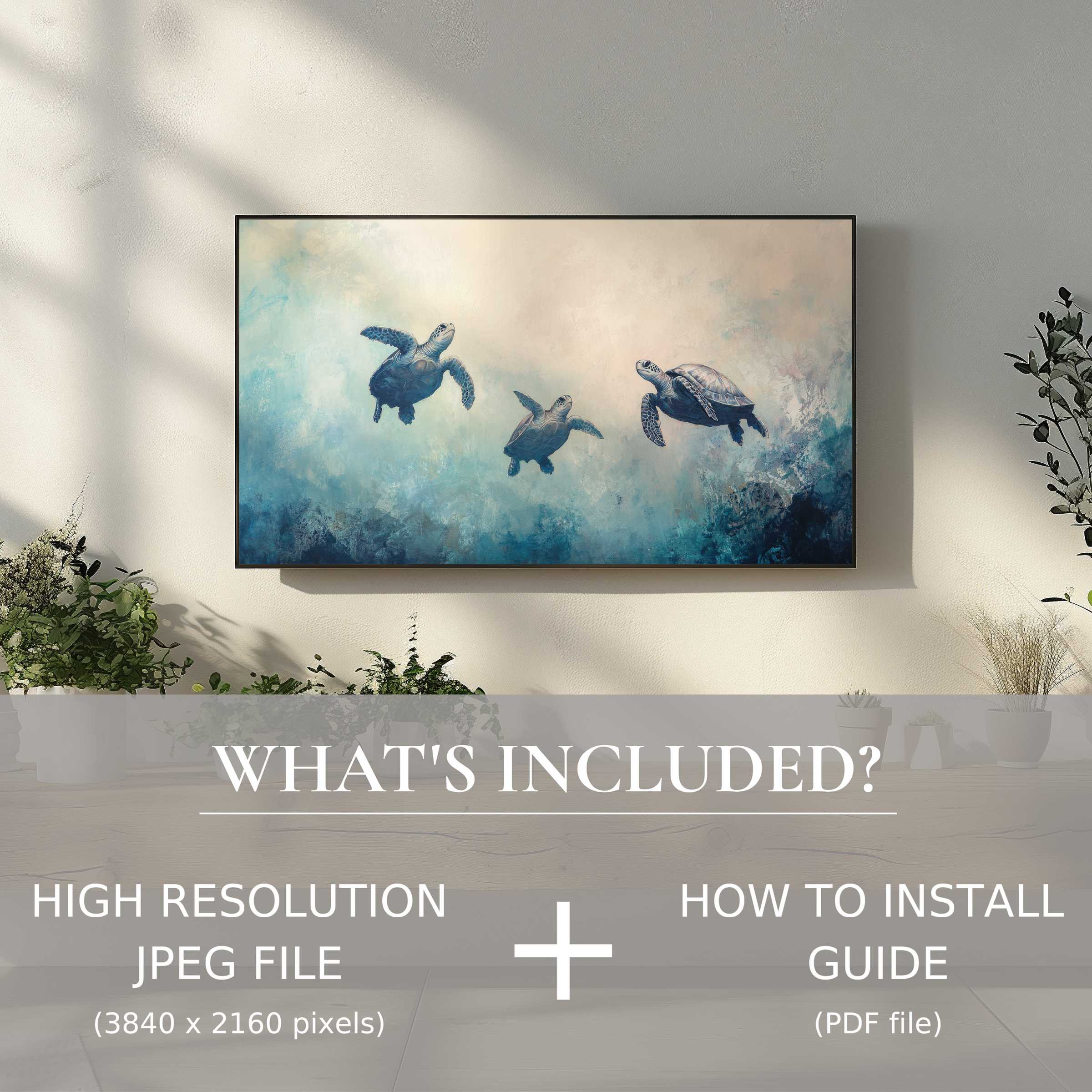 Elegant living room with beach digital TV art download featuring soaring turtles, easy digital use enhances your space