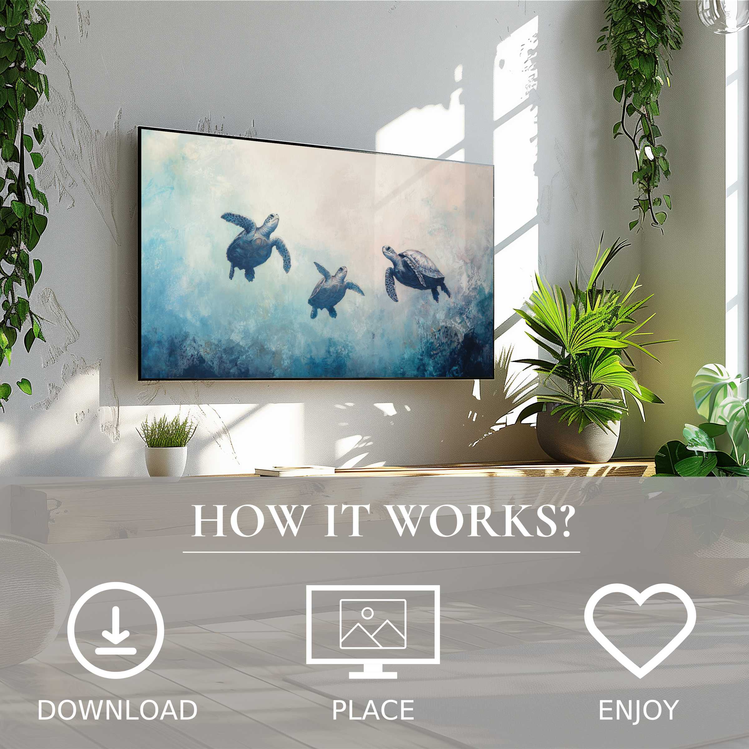 Modern living room with easy digital download of beach art for Samsung TV; serene sea turtles in soft blue hues