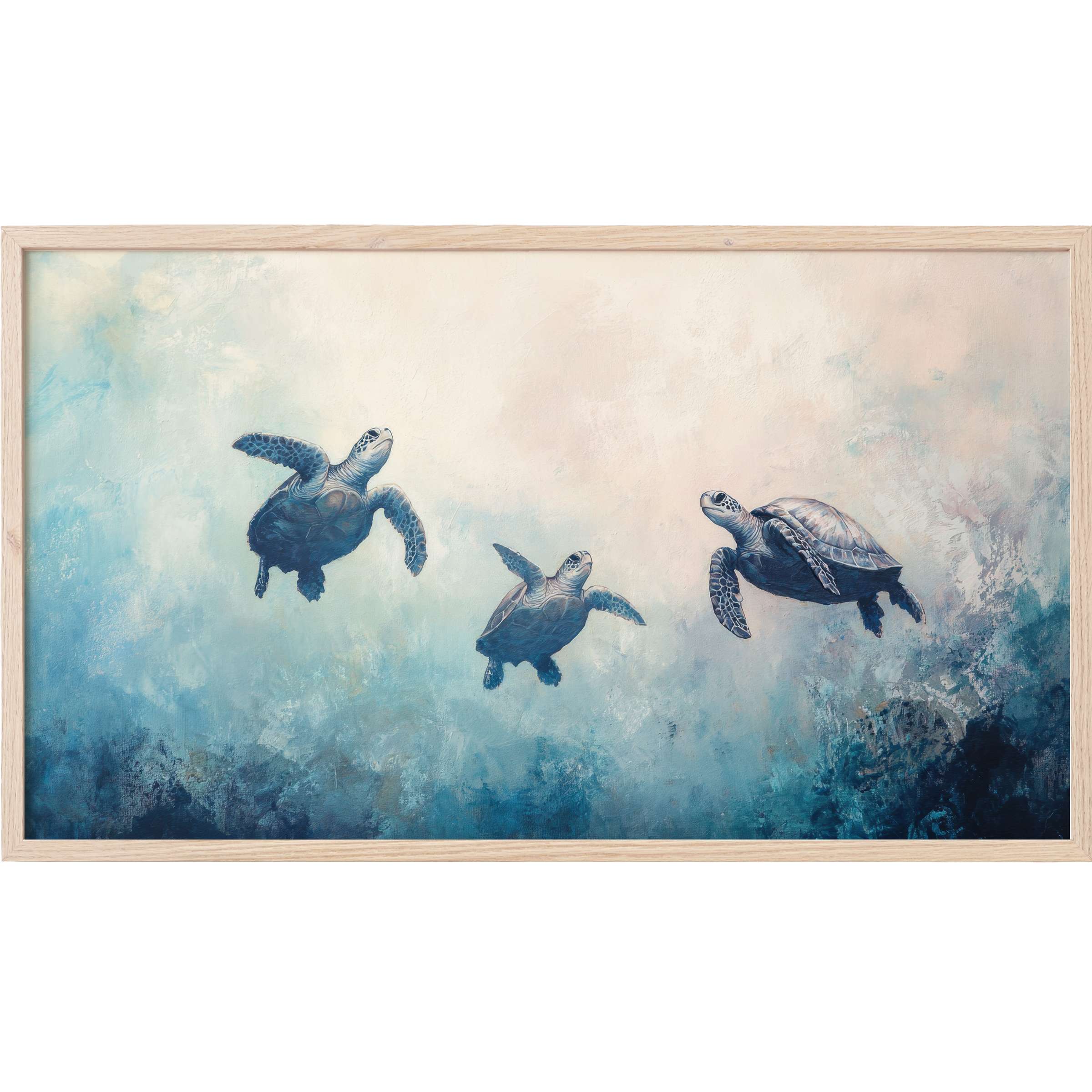 Graceful sea turtles swim in soft blue and beige hues, embodying serene movement in this beach Frame TV Art