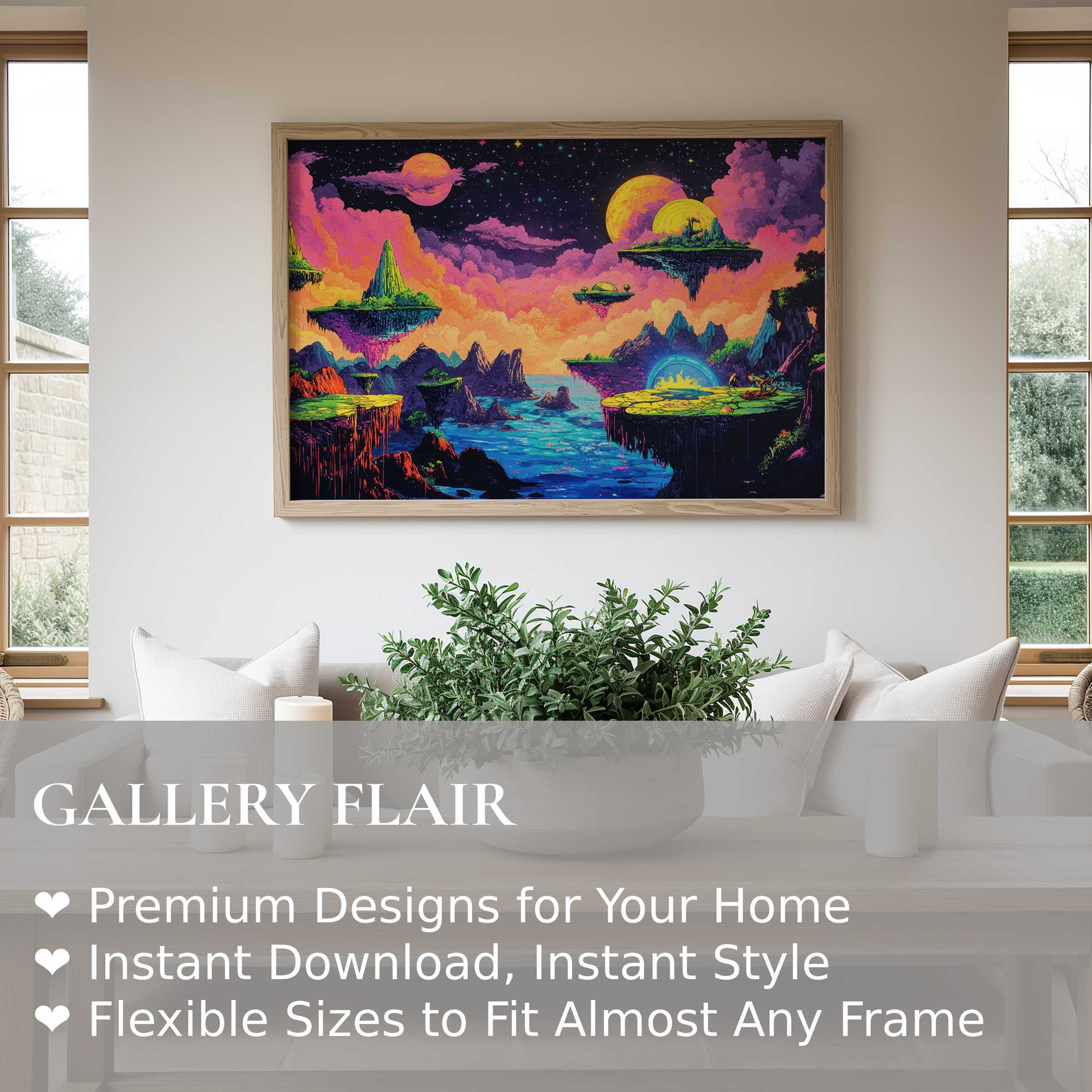 Vibrant pop art wall art print with surreal floating islands and cosmic skies, infusing a modern living room with bold, radiant energy and dynamic color contrast