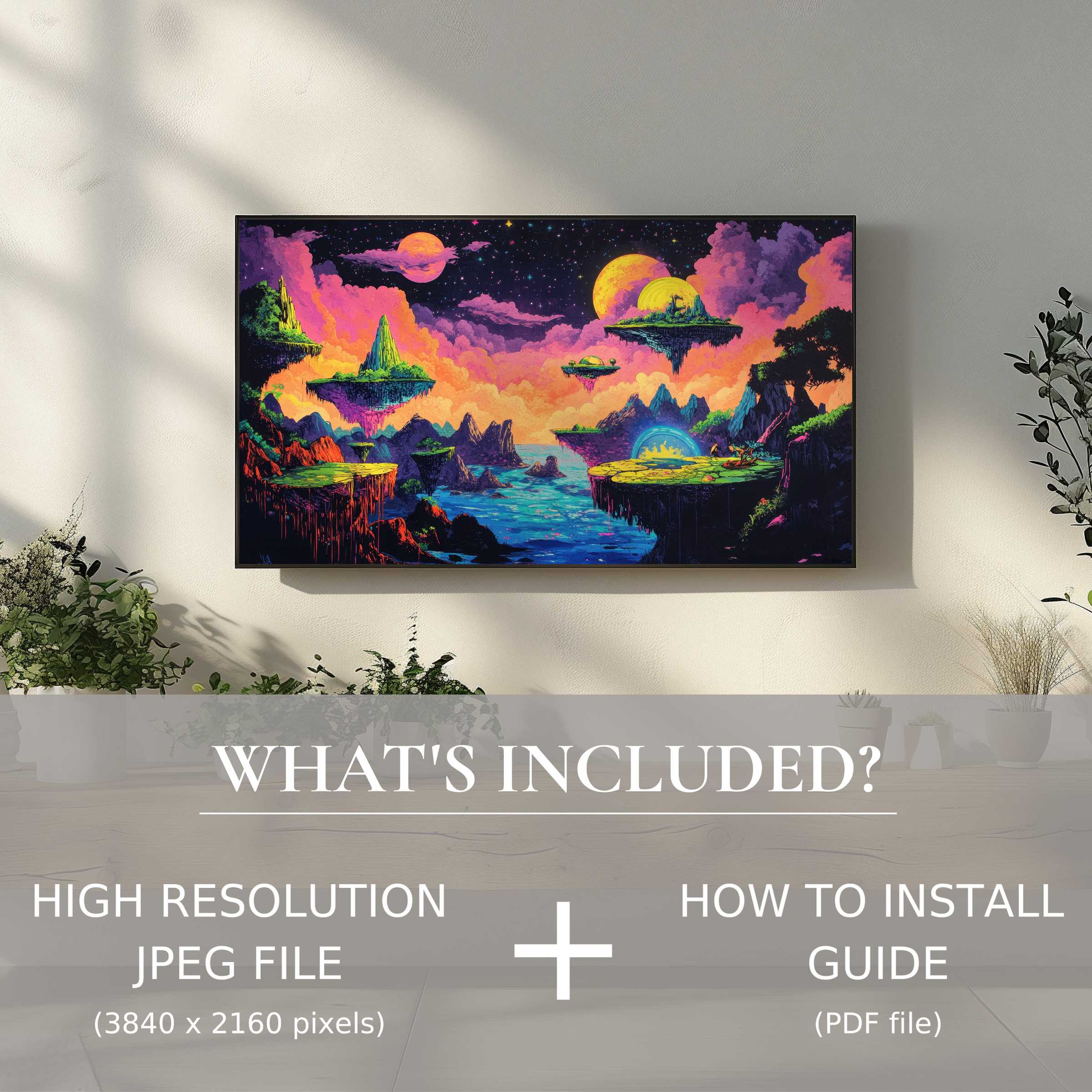 Elegant pop art digital TV art download brightens modern living space with easy digital use and vivid, floating island imagery