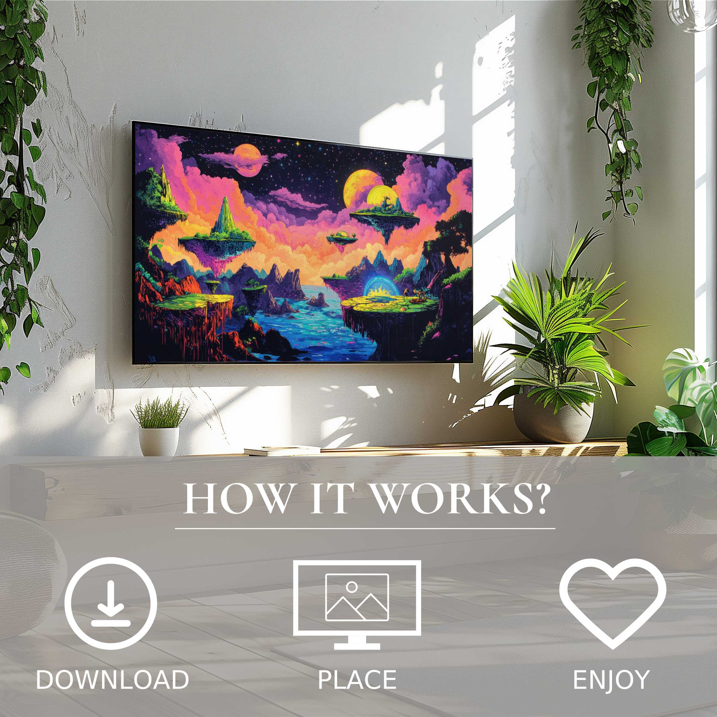 Pop art art for Samsung TV with vibrant floating islands, easy digital download to enrich modern living spaces