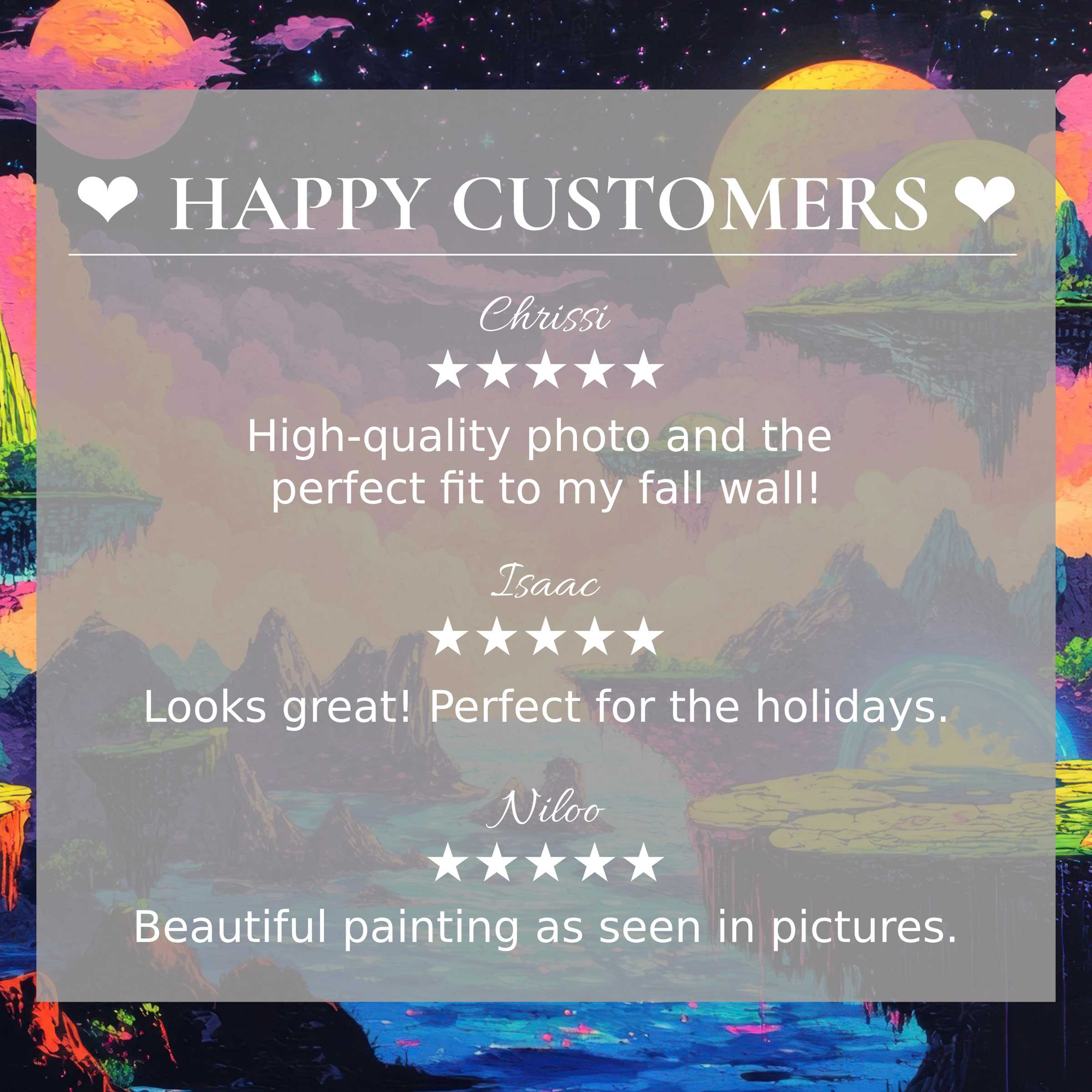 Pop art for Frame TV with cosmic sunset hues, happy customer reviews affirming quality and elegant style trust