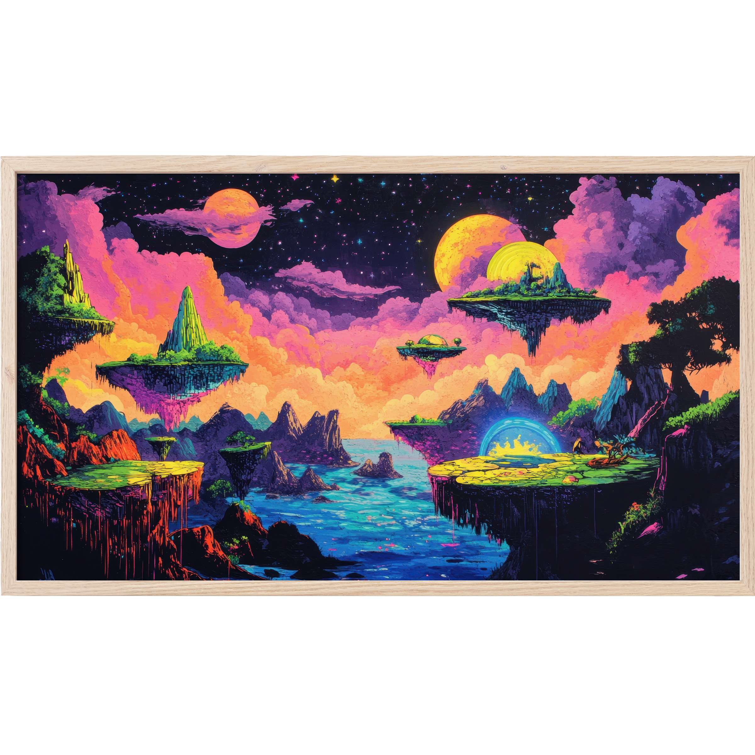 Vibrant cosmic landscape in vivid pinks, blues, and yellows with floating islands, pop art Frame TV Art