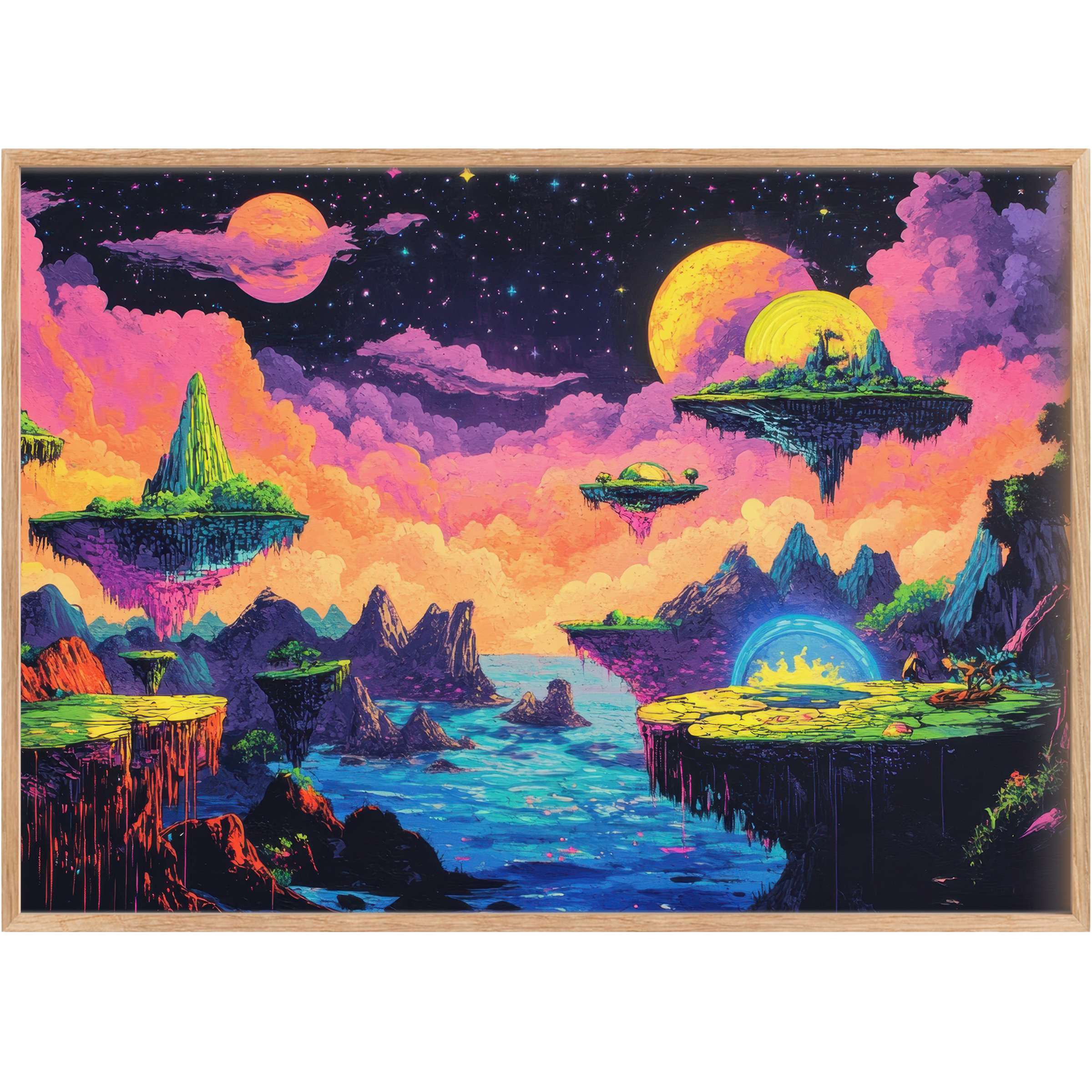 Vibrant pop art printable wall art with surreal floating islands, glowing sunsets, and deep cosmic blues evokes bold, imaginative escape