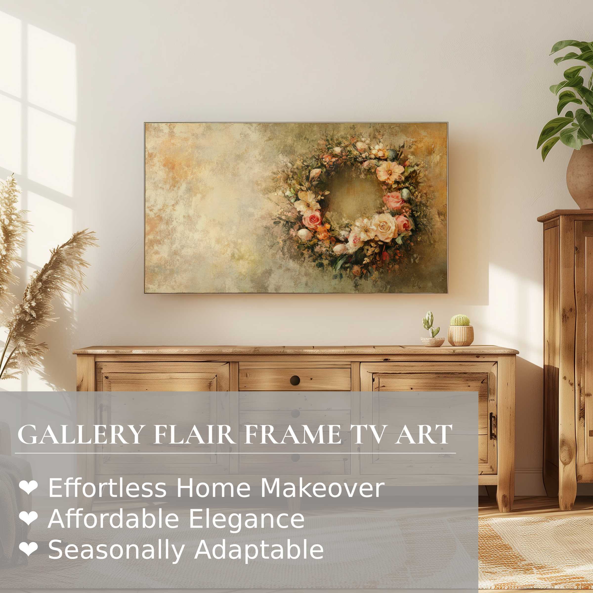 Samsung Frame TV displays elegant easter digital artwork with soft floral wreath in a warm, modern living room setting