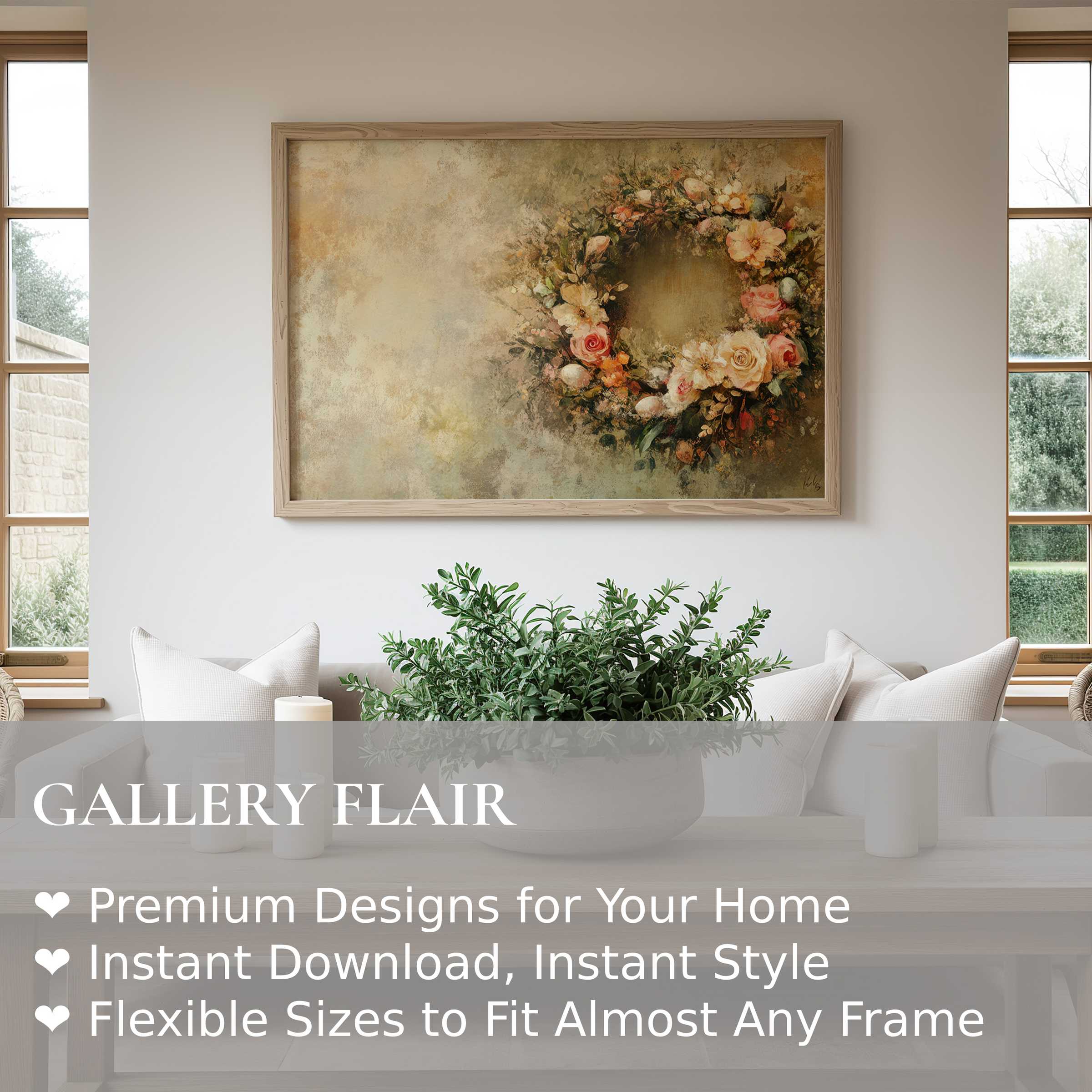 Elegant easter wall art print featuring a soft floral wreath in muted tones, enhancing serene modern farmhouse interiors