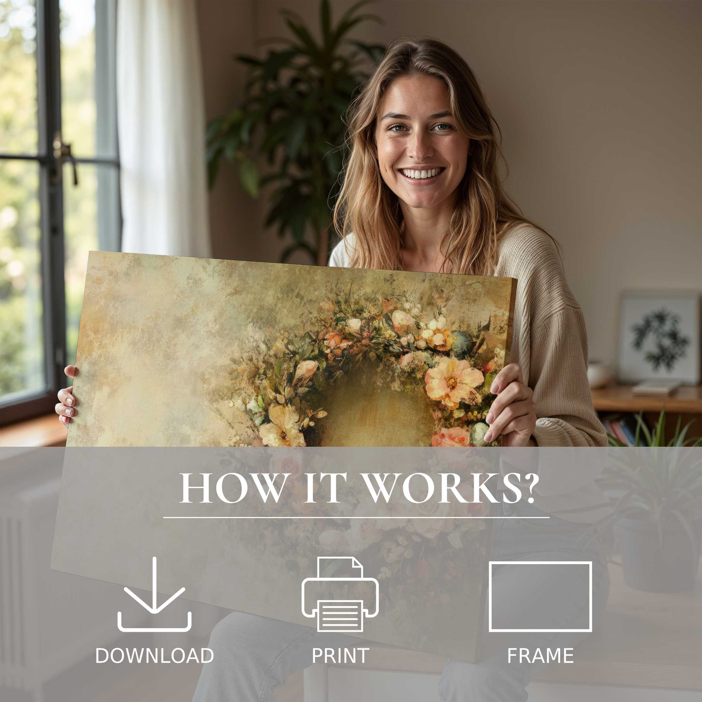 Joyful connection radiates as she embraces an elegant easter digital art print, enriching her modern home with timeless beauty