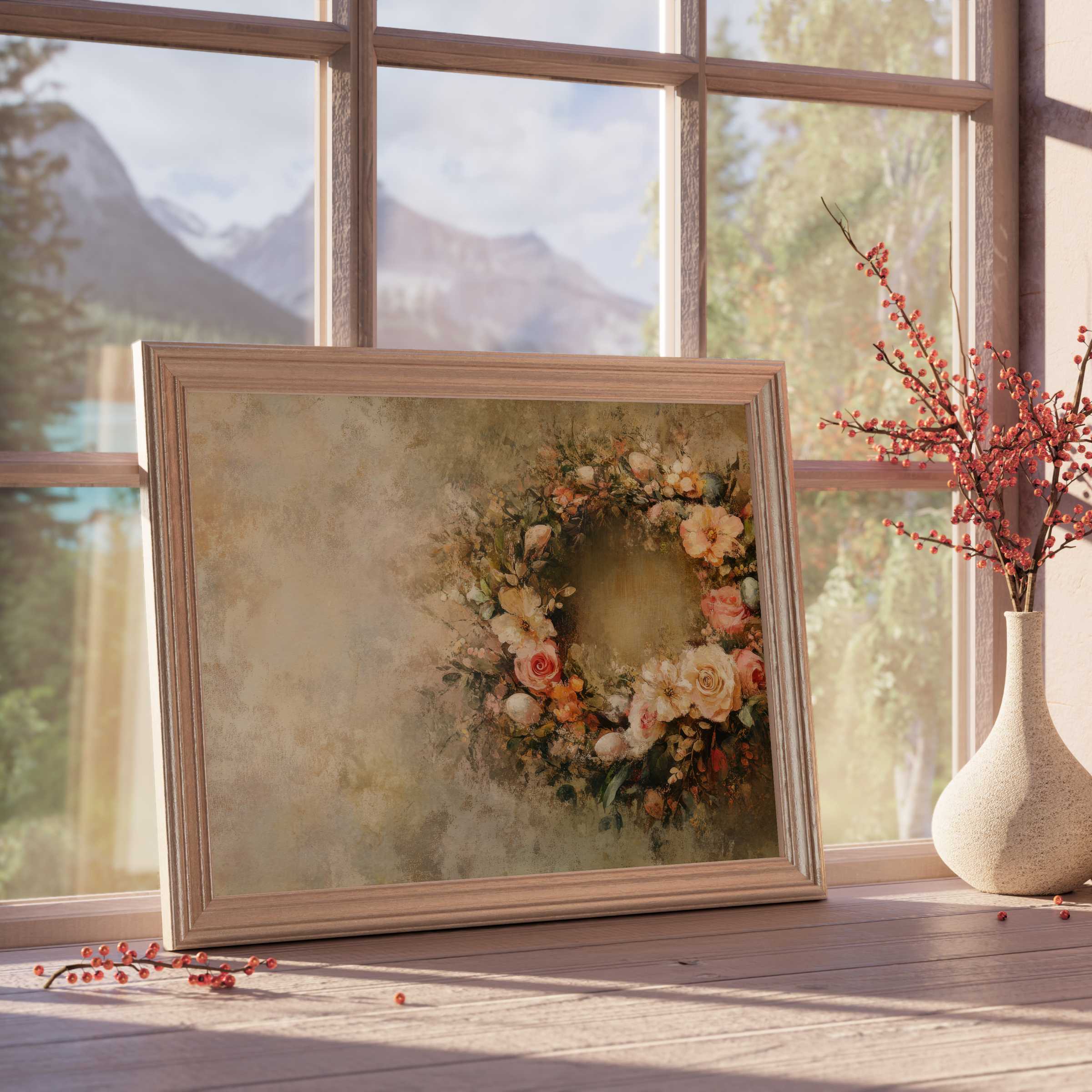 Easter downloadable art featuring a soft floral wreath in warm tones, enhancing tranquil, curated interiors with timeless elegance