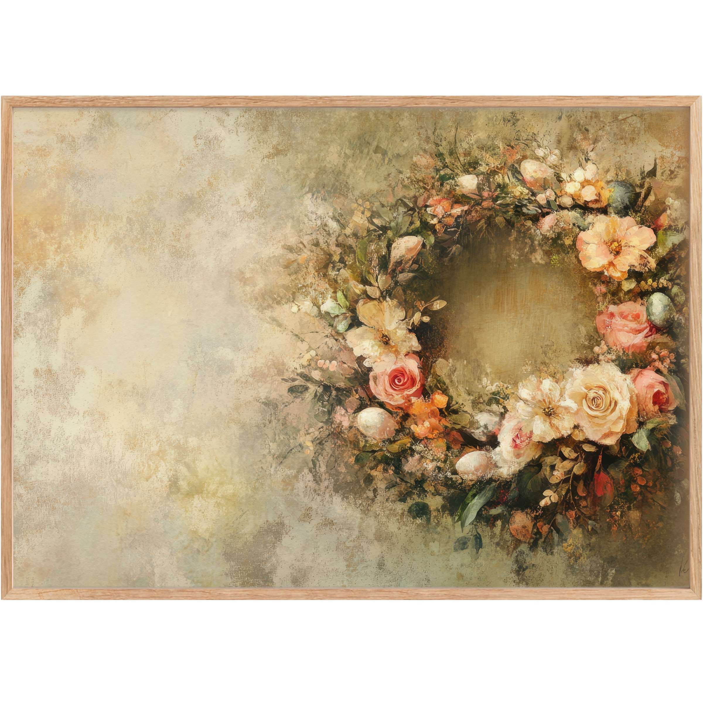 Elegant Easter printable wall art featuring a soft floral wreath in muted pastels, evoking a serene, timeless ambiance