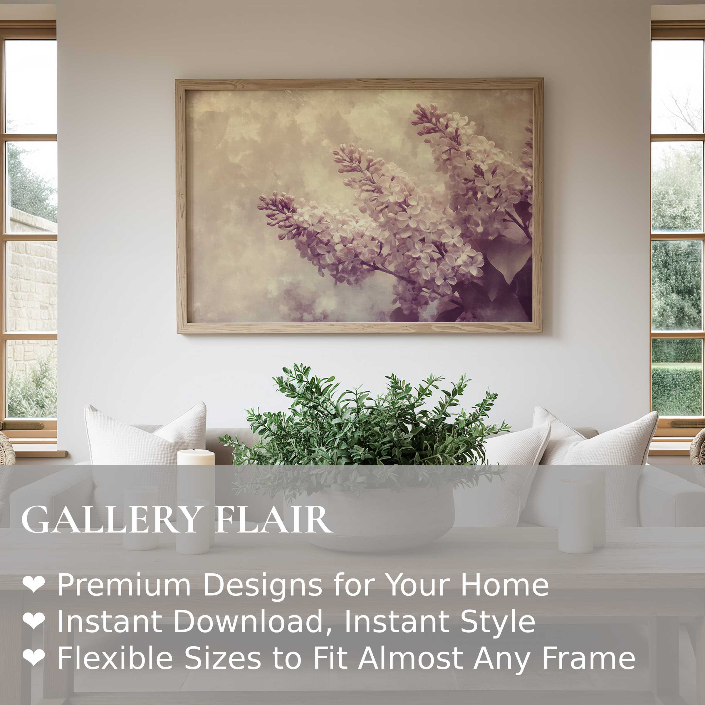 Elegant spring wall art print featuring soft lilac blossoms in muted tones, enhancing serene, modern farmhouse interiors with a calming, natural allure