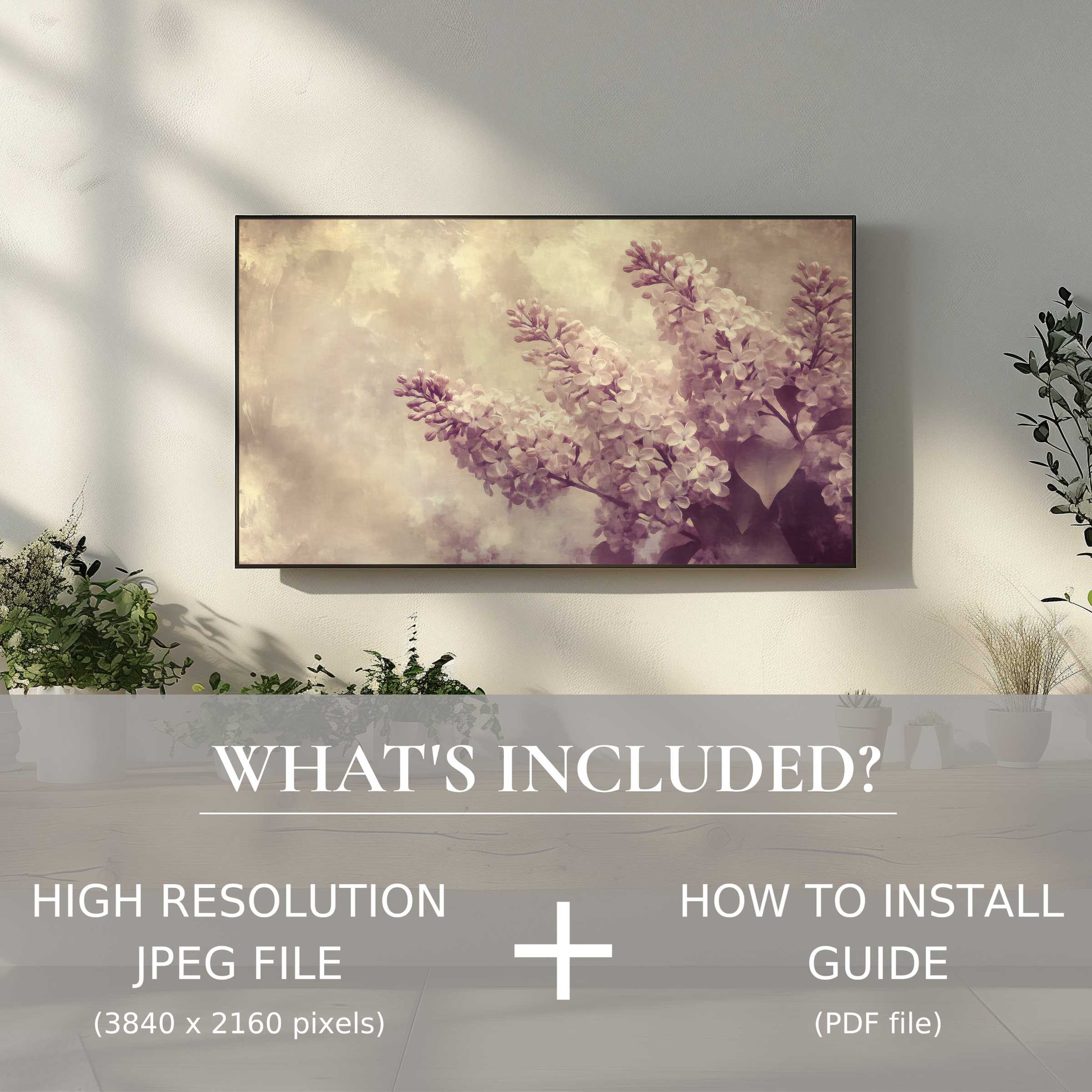 Elegant spring digital TV art download with lilac blooms easily enhances your living space and installs digitally