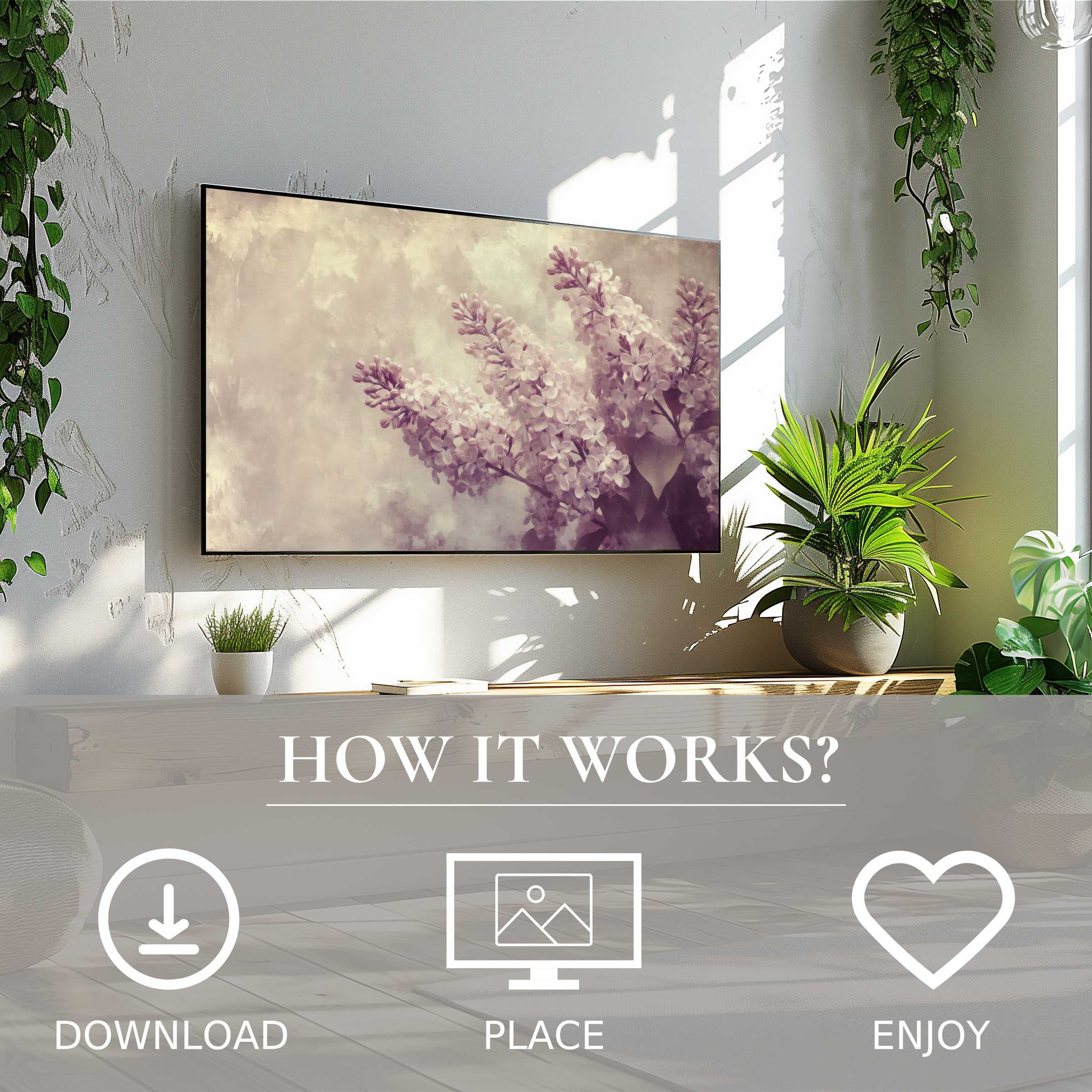 Spring art for Samsung TV showing soft lilac blooms, easy digital download enriches light, plant-filled modern living rooms