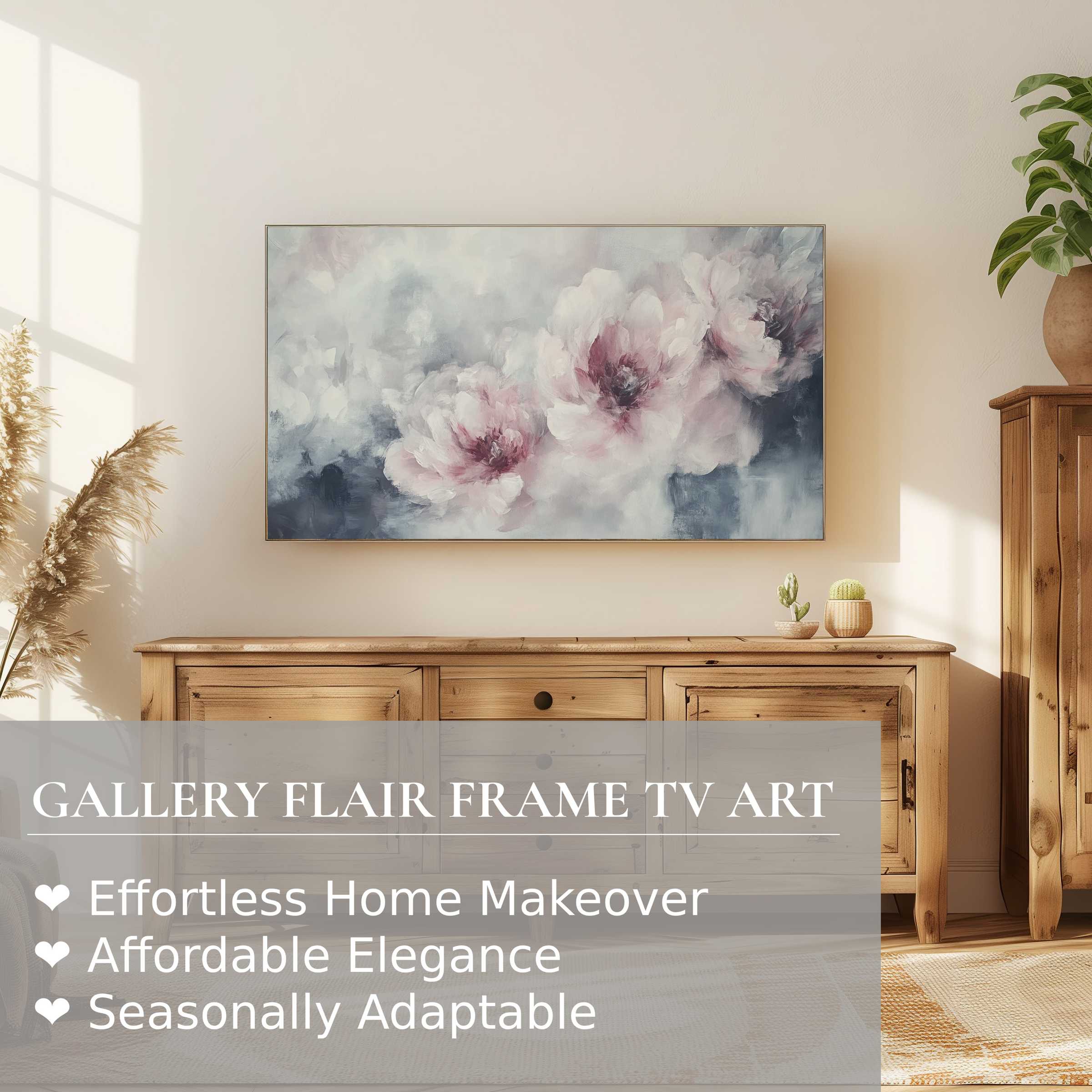 Samsung Frame TV displays soft pastel floral digital artwork, complementing warm wooden furniture and a serene modern space