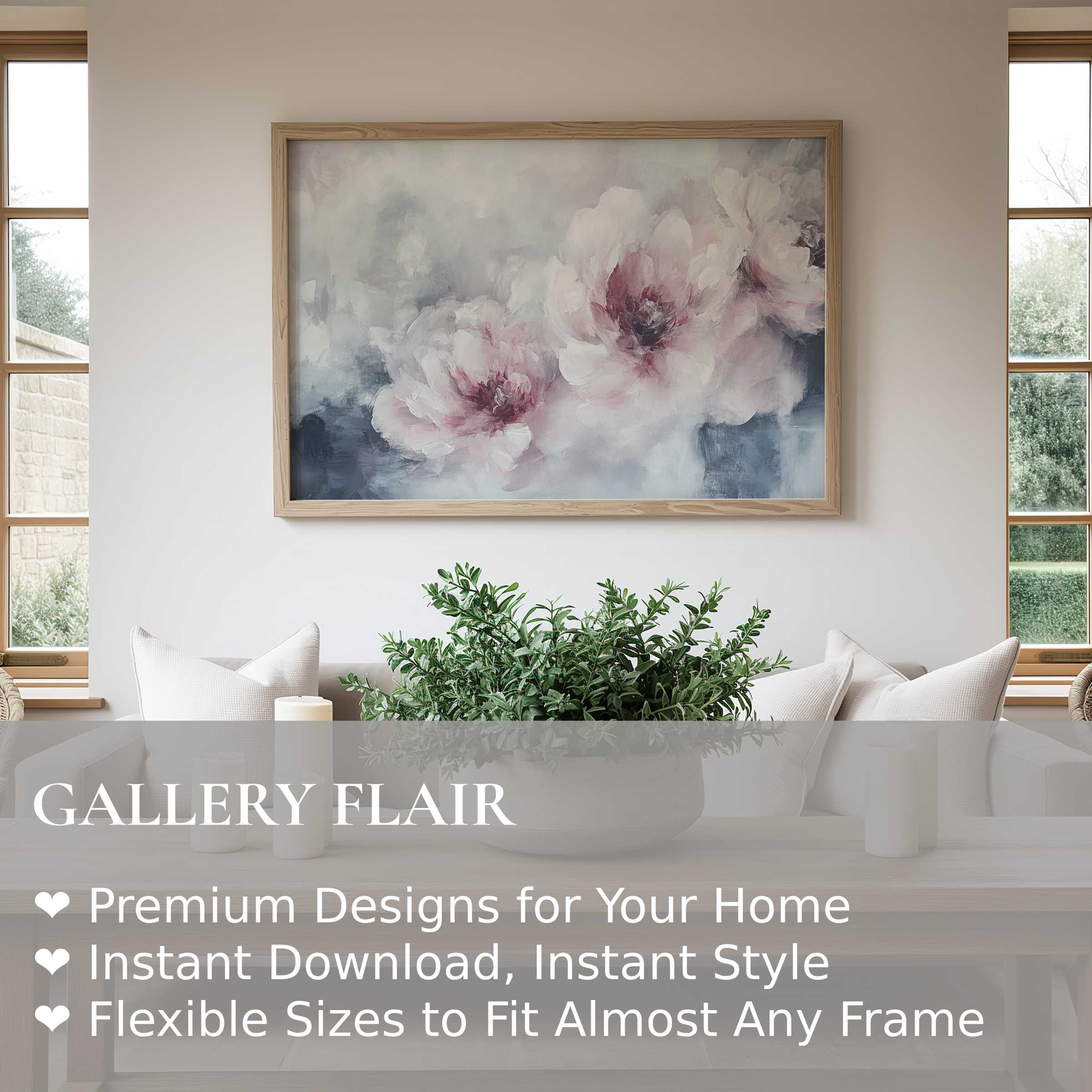 Soft floral wall art print with muted pastels adds serene, elegant charm to contemporary living spaces, enhancing calm minimalism
