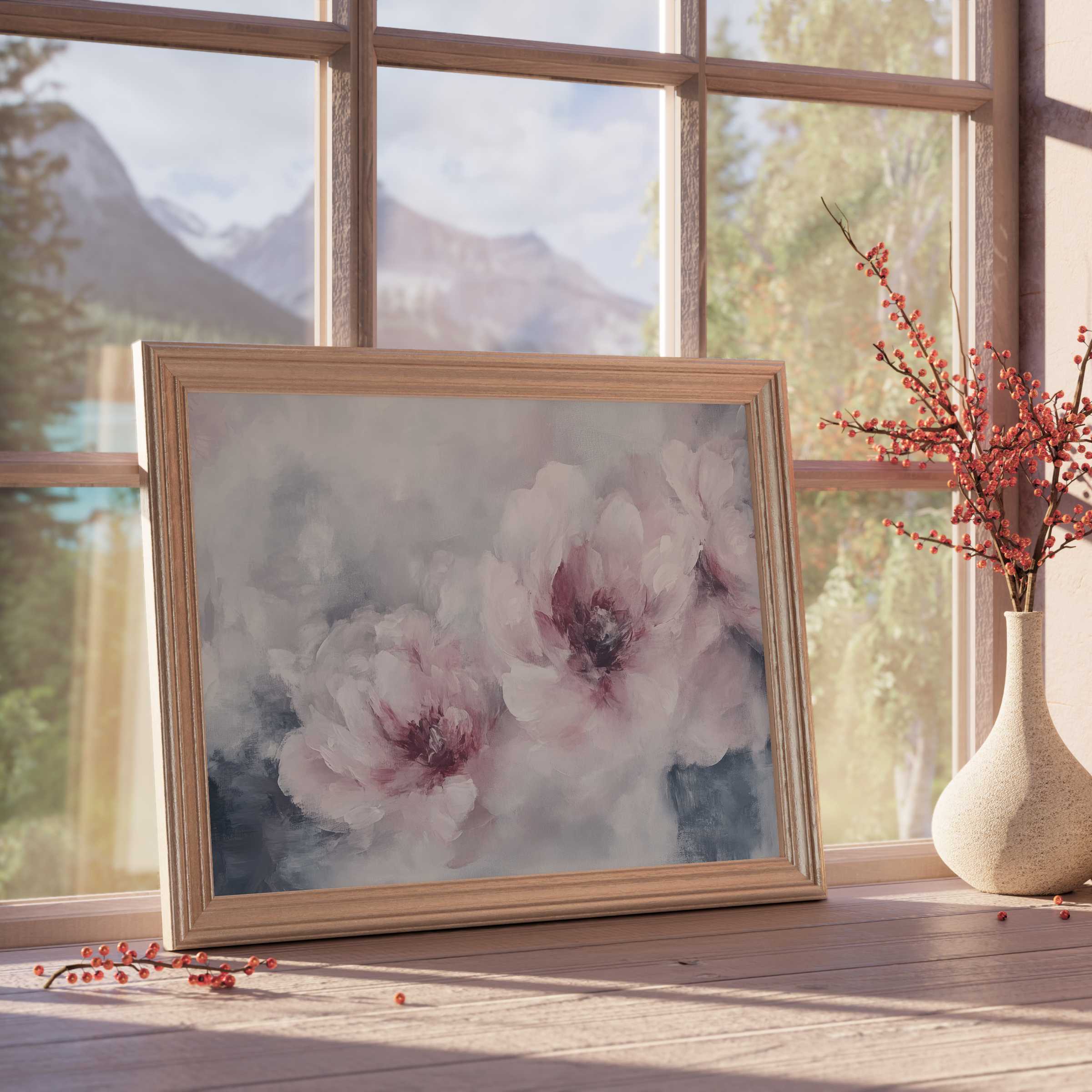 Elegant floral downloadable art featuring soft, dreamy blooms in muted pinks, perfect for serene, design-forward interiors