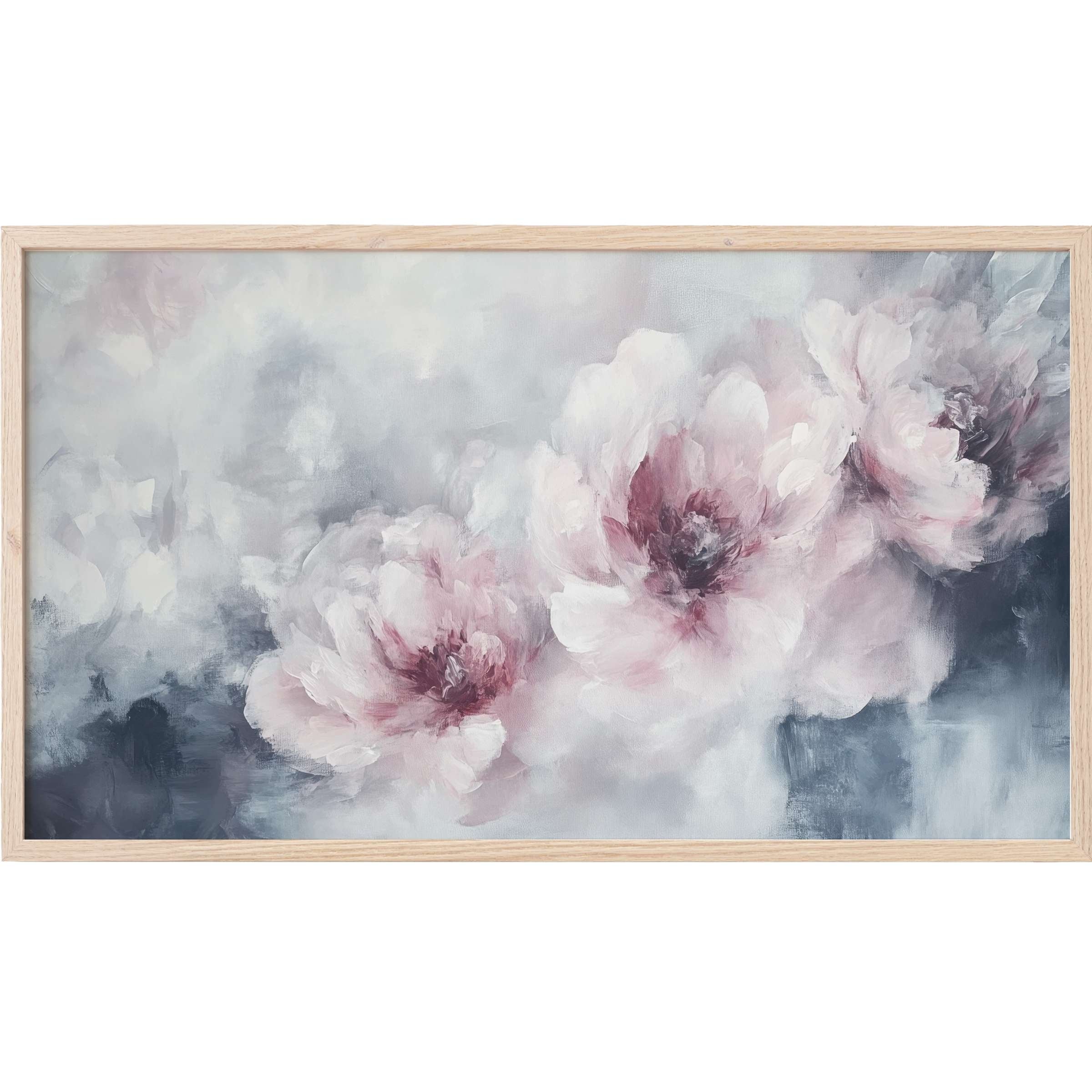 Floral Frame TV Art with soft pink and gray blooms in a dreamy, modern impressionist style on canvas