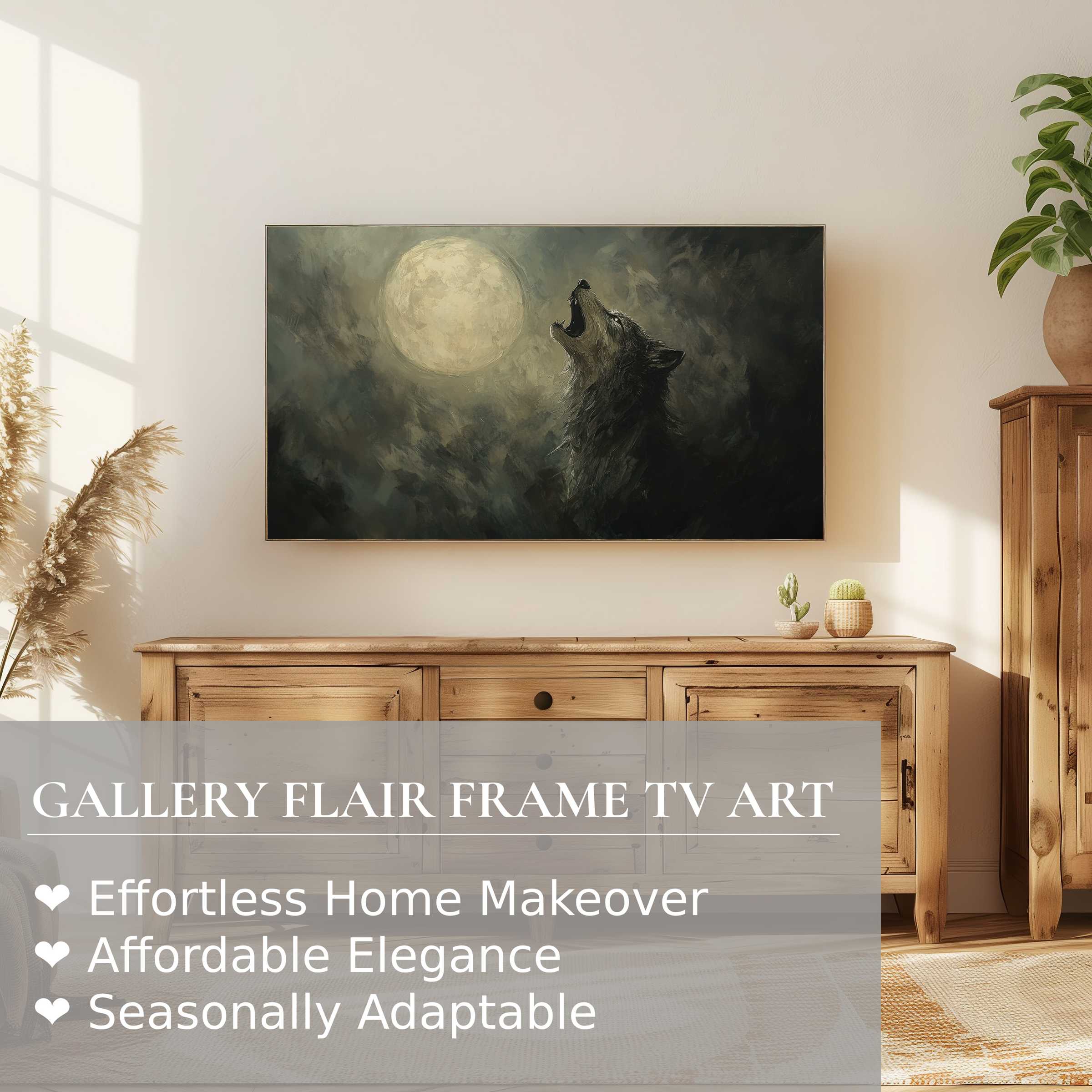 Samsung Frame TV displaying refined, moody halloween digital artwork of a wolf howling at a full moon in a modern setting