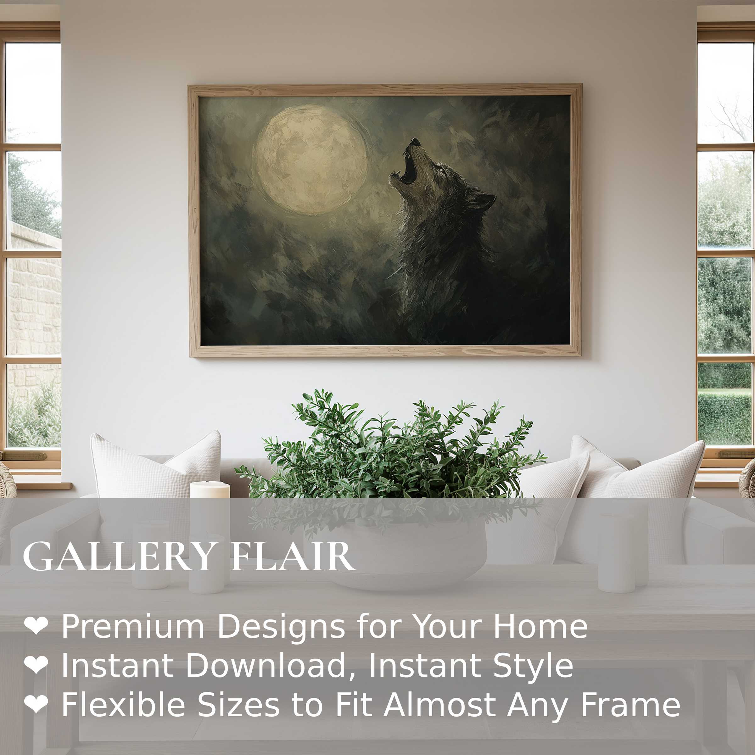 Halloween wall art print of a bold wolf howling at a luminous full moon, enhancing a modern minimalist living space with dramatic, mysterious ambiance