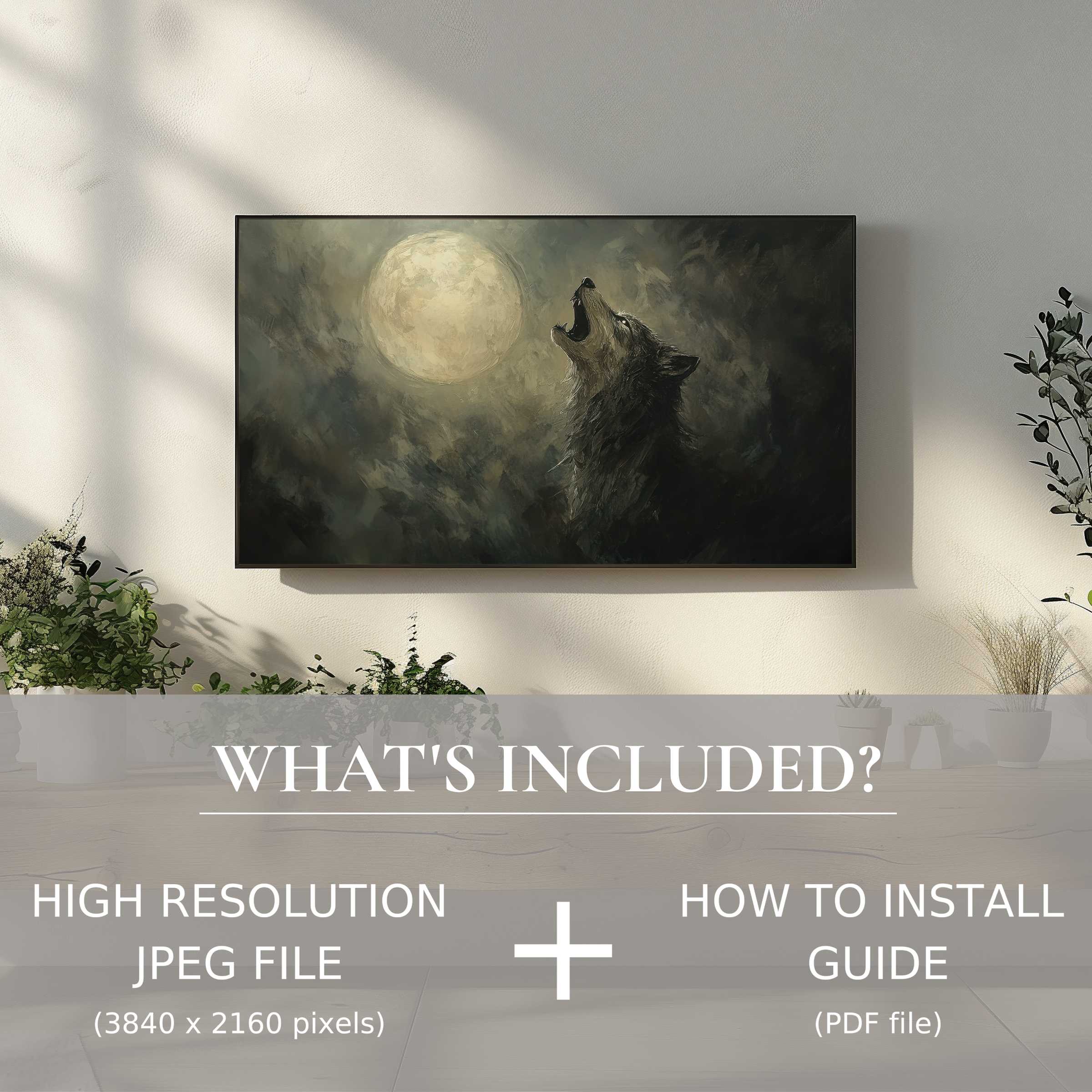 Elegant Halloween digital TV art download featuring a moonlit wolf, easy to use, elevating modern living spaces