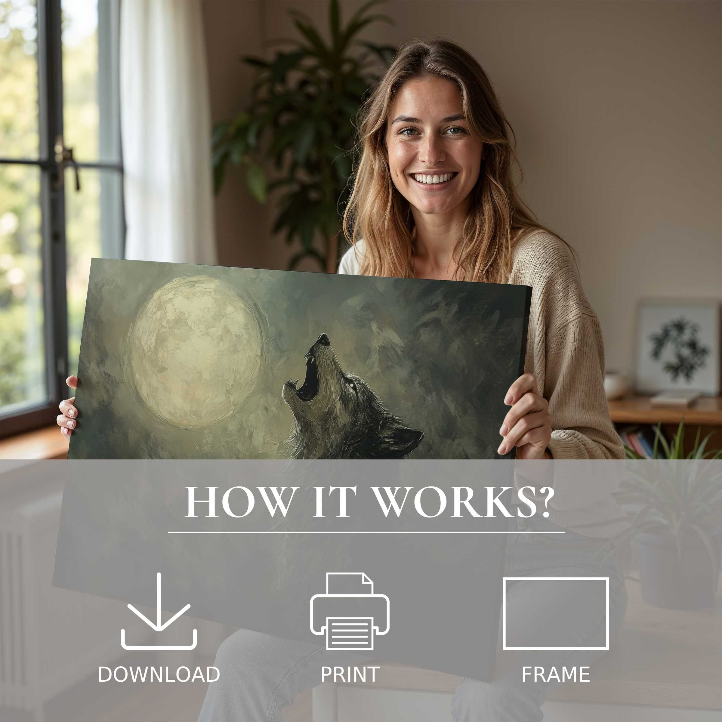 A joyful moment unveiling a Halloween digital art print, where subtle moonlit tones transform a modern home with serene elegance