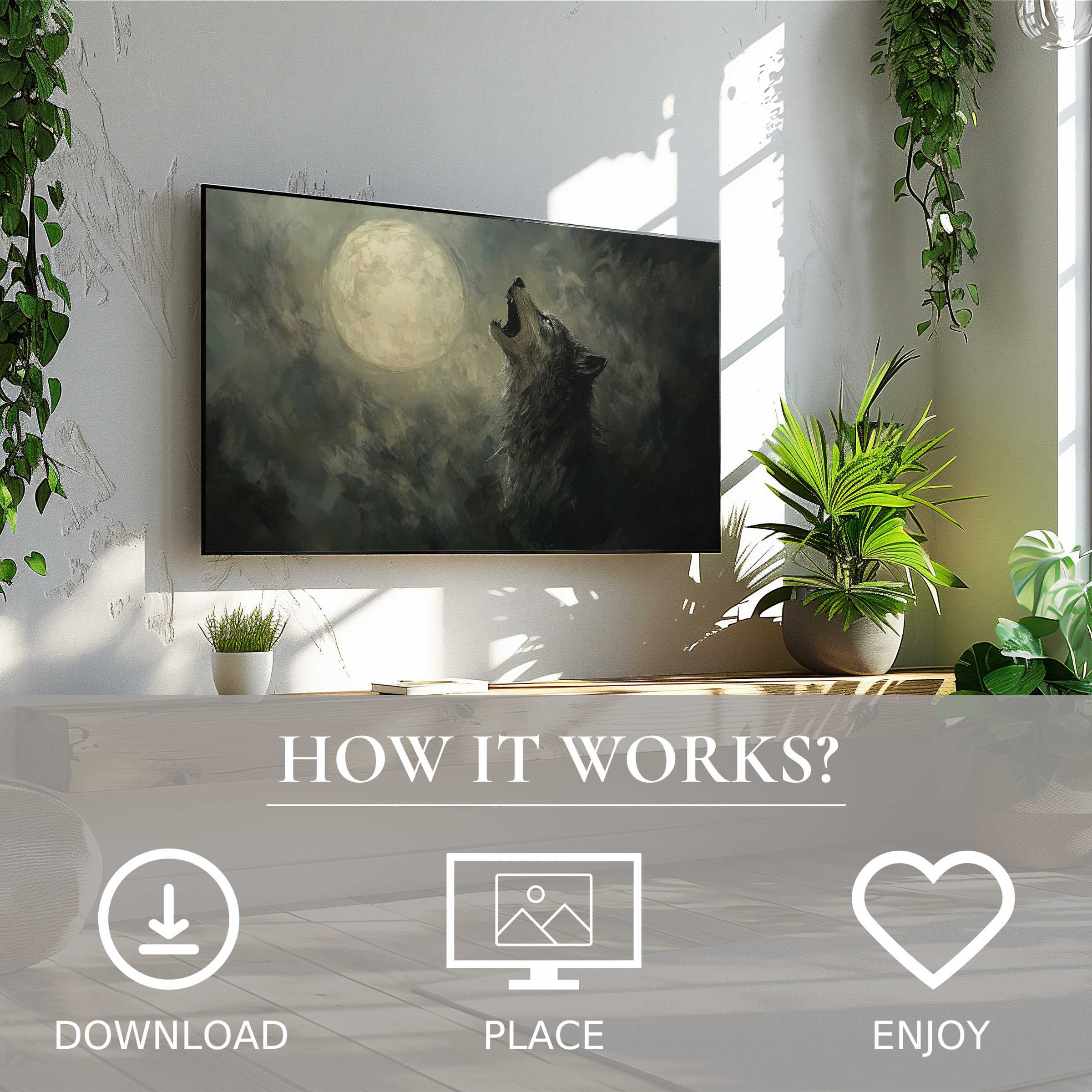 Halloween art for Samsung TV shows a howling wolf in misty moonlight, easy digital download enriches modern spaces