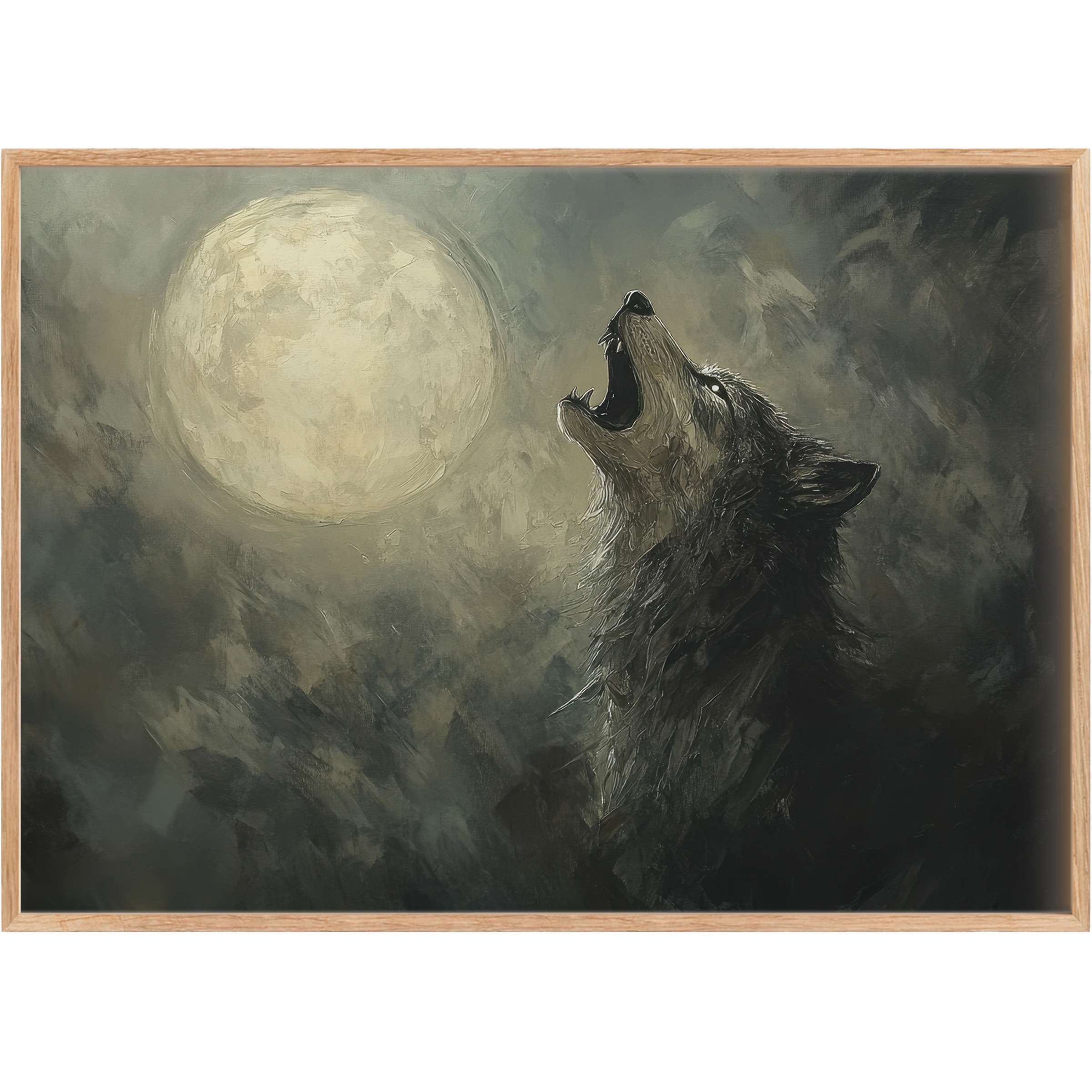 Halloween printable wall art featuring a bold, moonlit wolf howl in deep grays and creamy moonlight, evoking a mysterious, enchanting ambiance