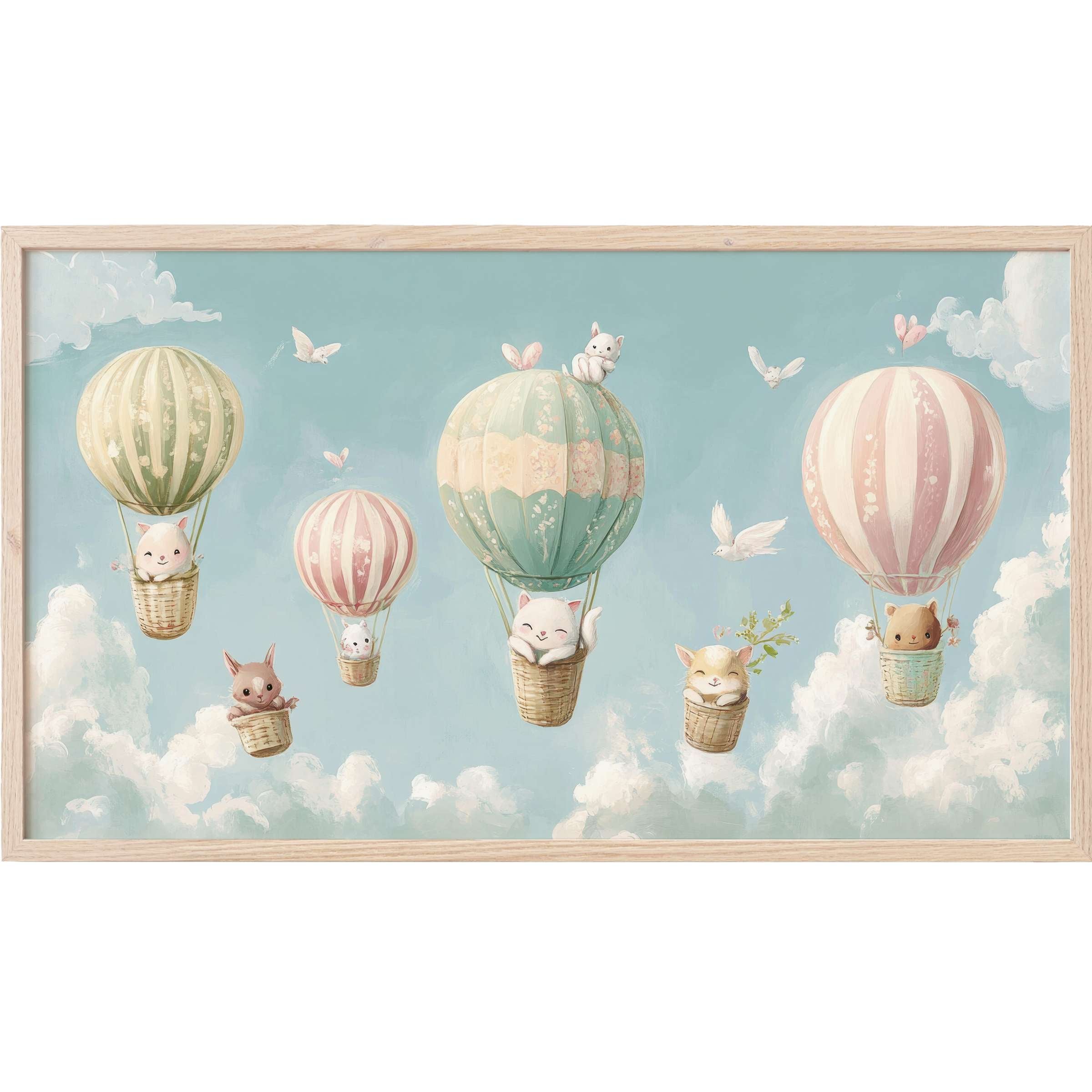 Whimsical pastel hot air balloons with cute animals in a soft sky, perfect nursery Frame TV Art for stylish decor