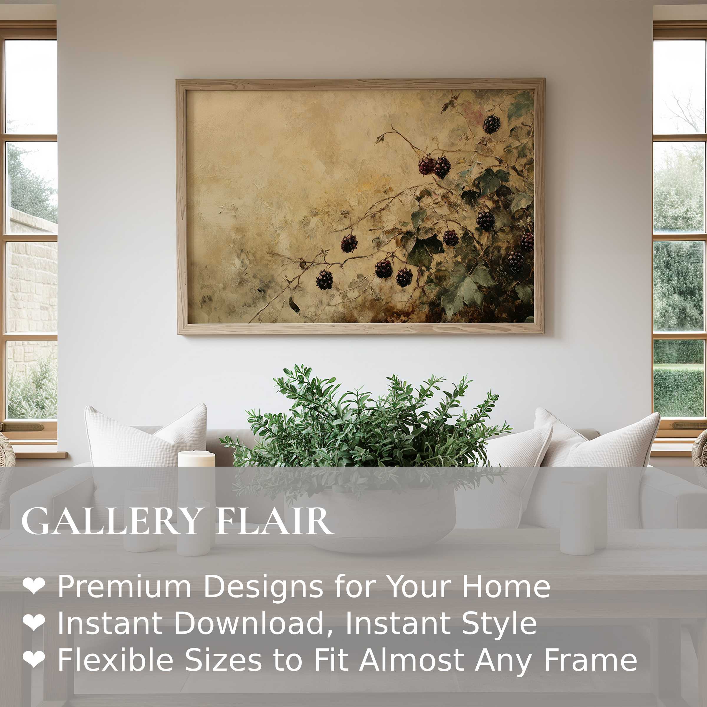 Botanical wall art print featuring rich blackberry branches in warm, earthy tones enhances this serene, modern farmhouse living space