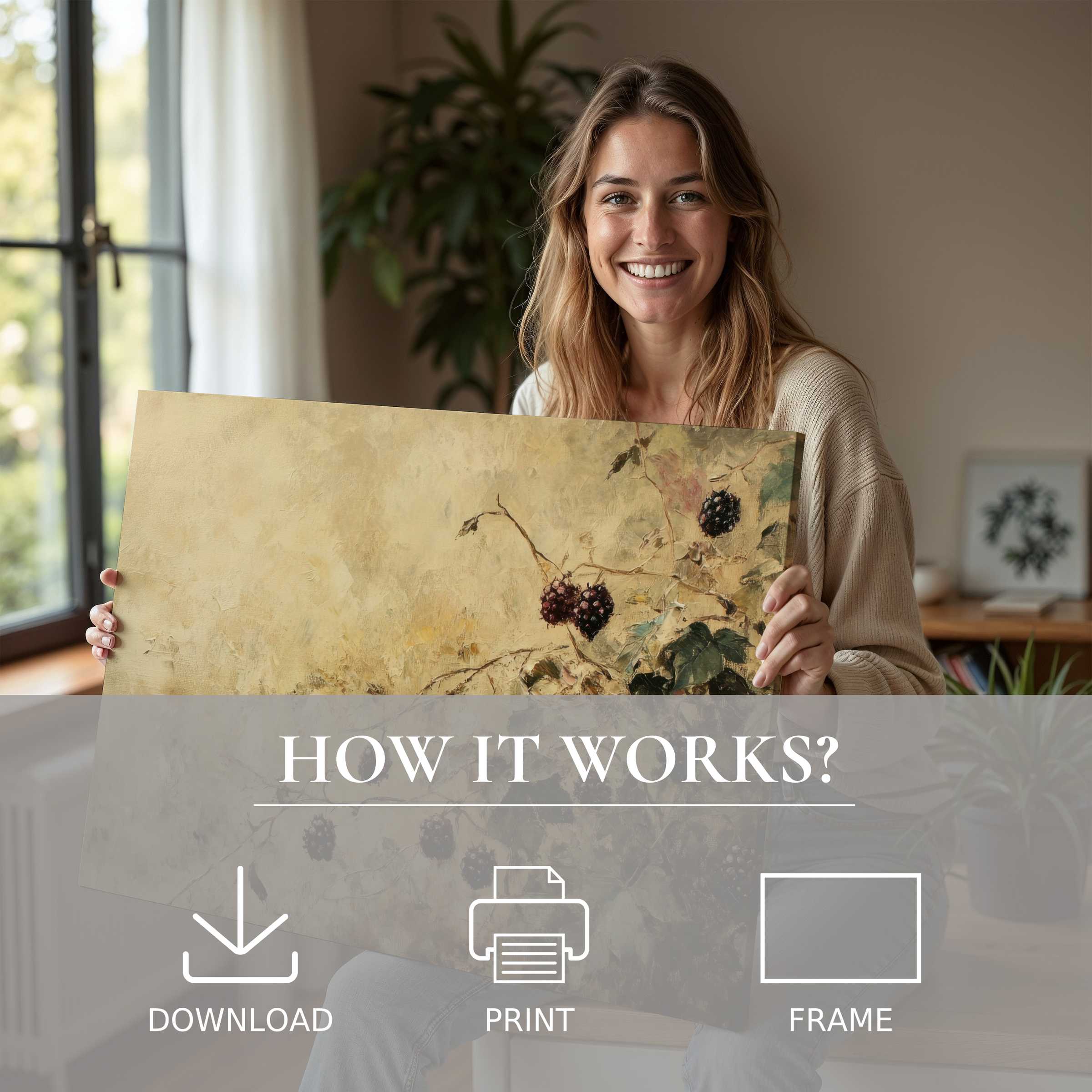 Radiant joy in a sunlit modern home as botanical digital art print brings timeless calm and natural elegance to everyday living