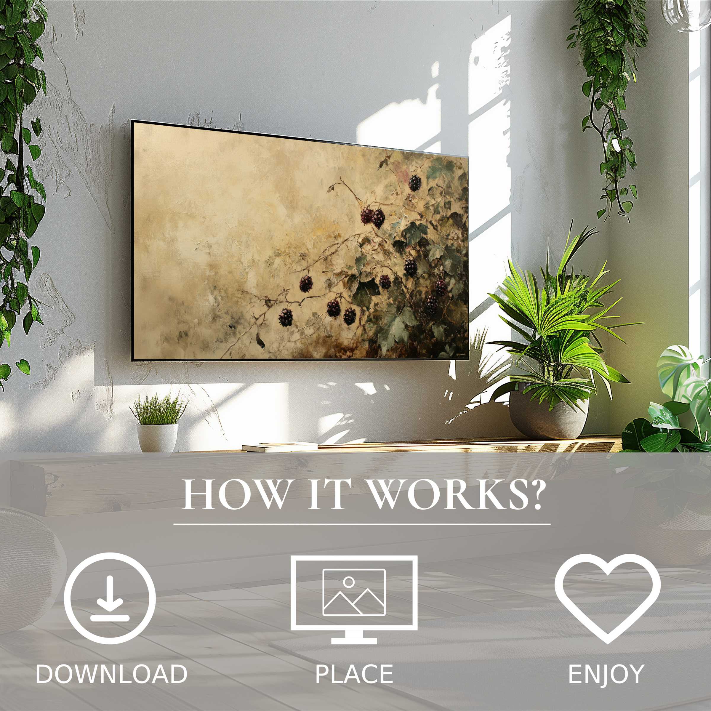 Botanical art for Samsung TV with vintage berry motif, easy digital download enhancing elegant, sunlit modern living spaces