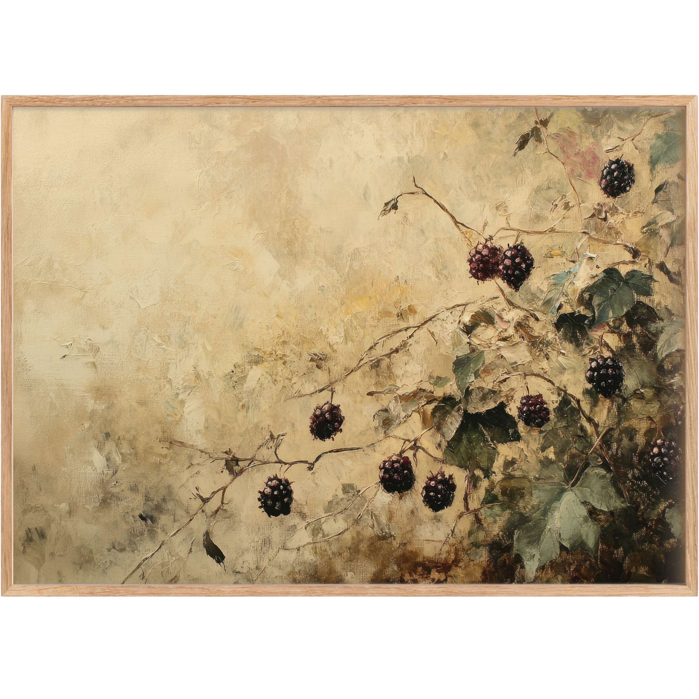 Botanical printable wall art featuring ripe blackberries in muted greens and warm beige, evoking a serene, timeless elegance