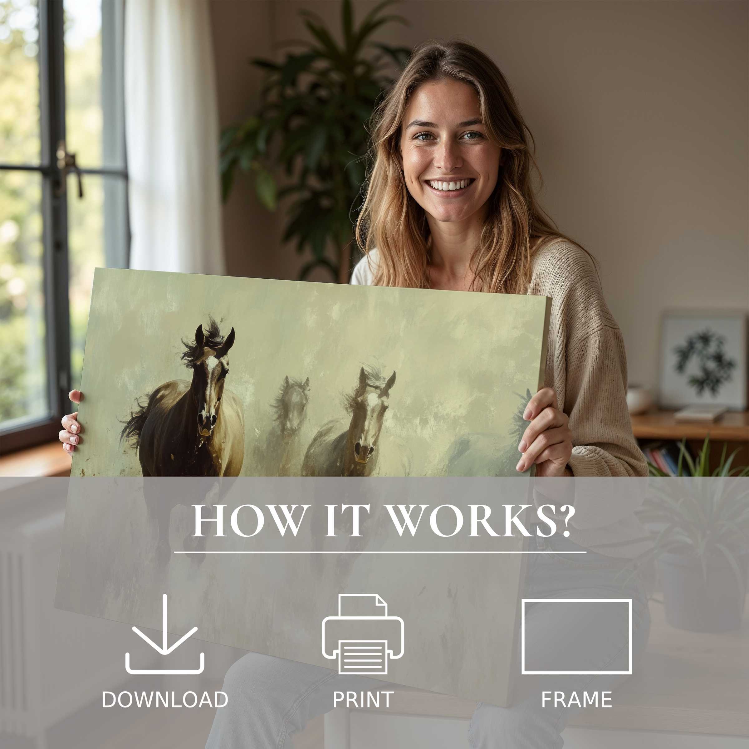 Radiant vintage digital art print of horses, warmly embraced in a stylish home, elevating everyday living with timeless joy