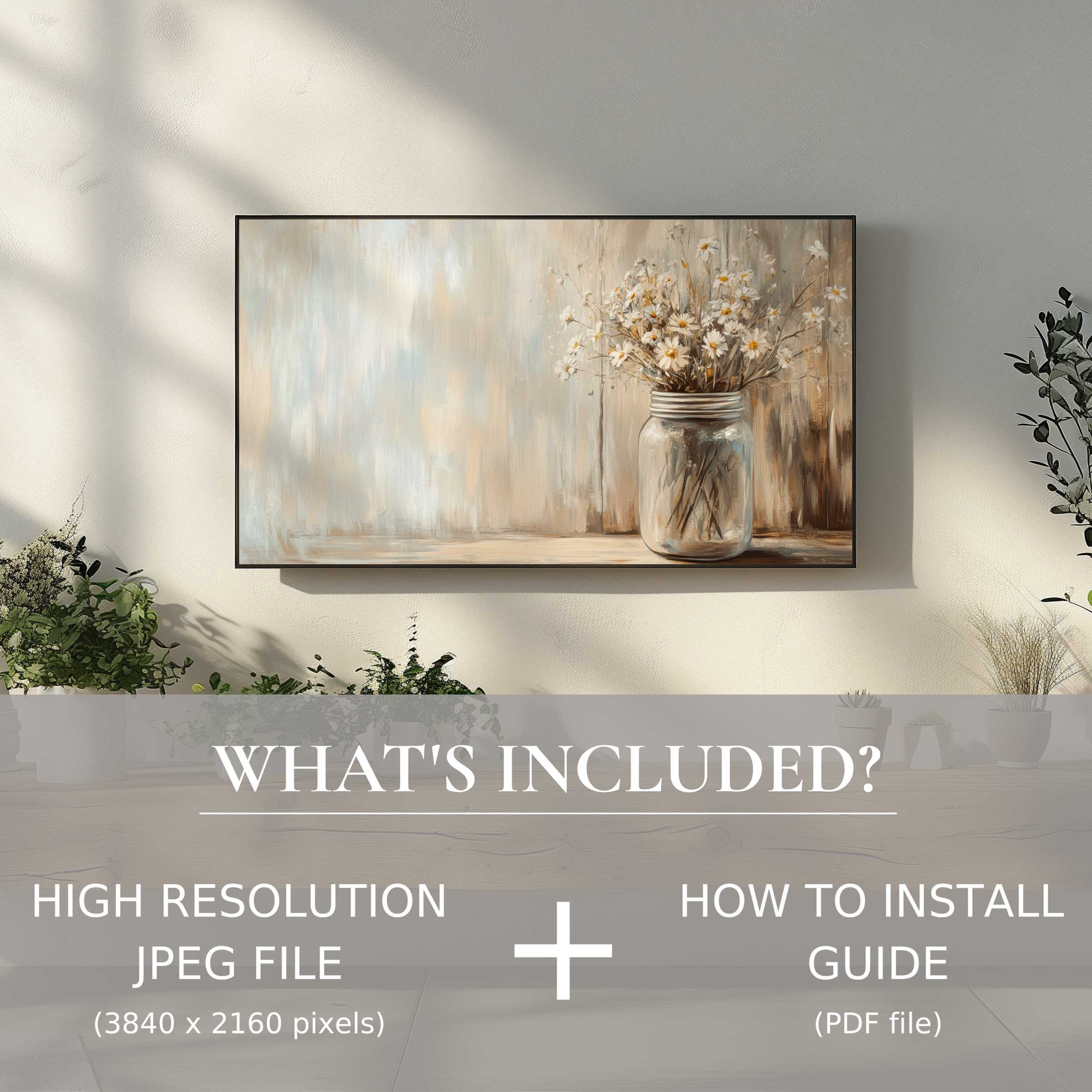 Elegant farmhouse digital TV art download featuring daisies in a jar, enhancing living spaces with easy digital use