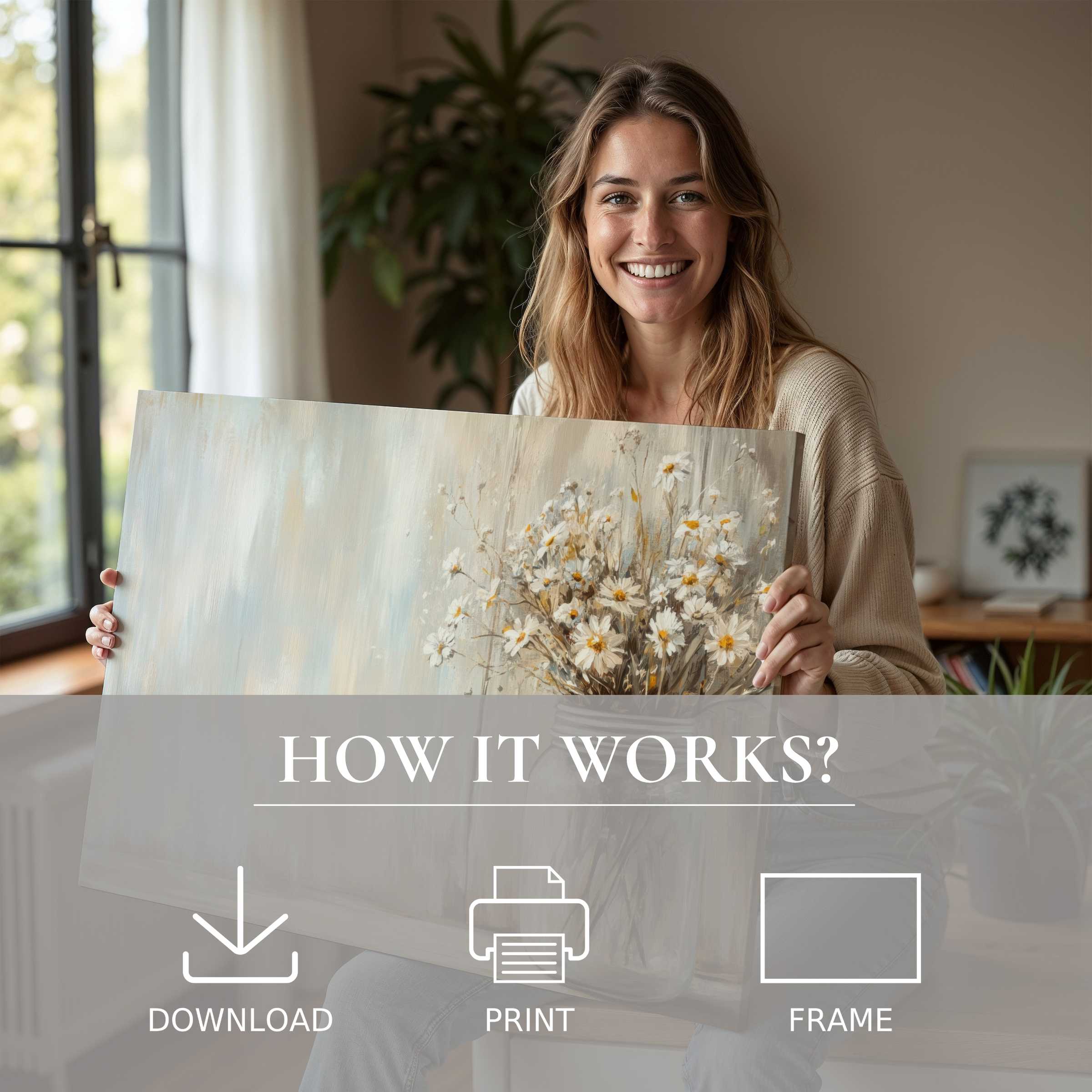 Smiling woman in a serene modern home, embracing the warmth of farmhouse digital art print blooming with soft daisies