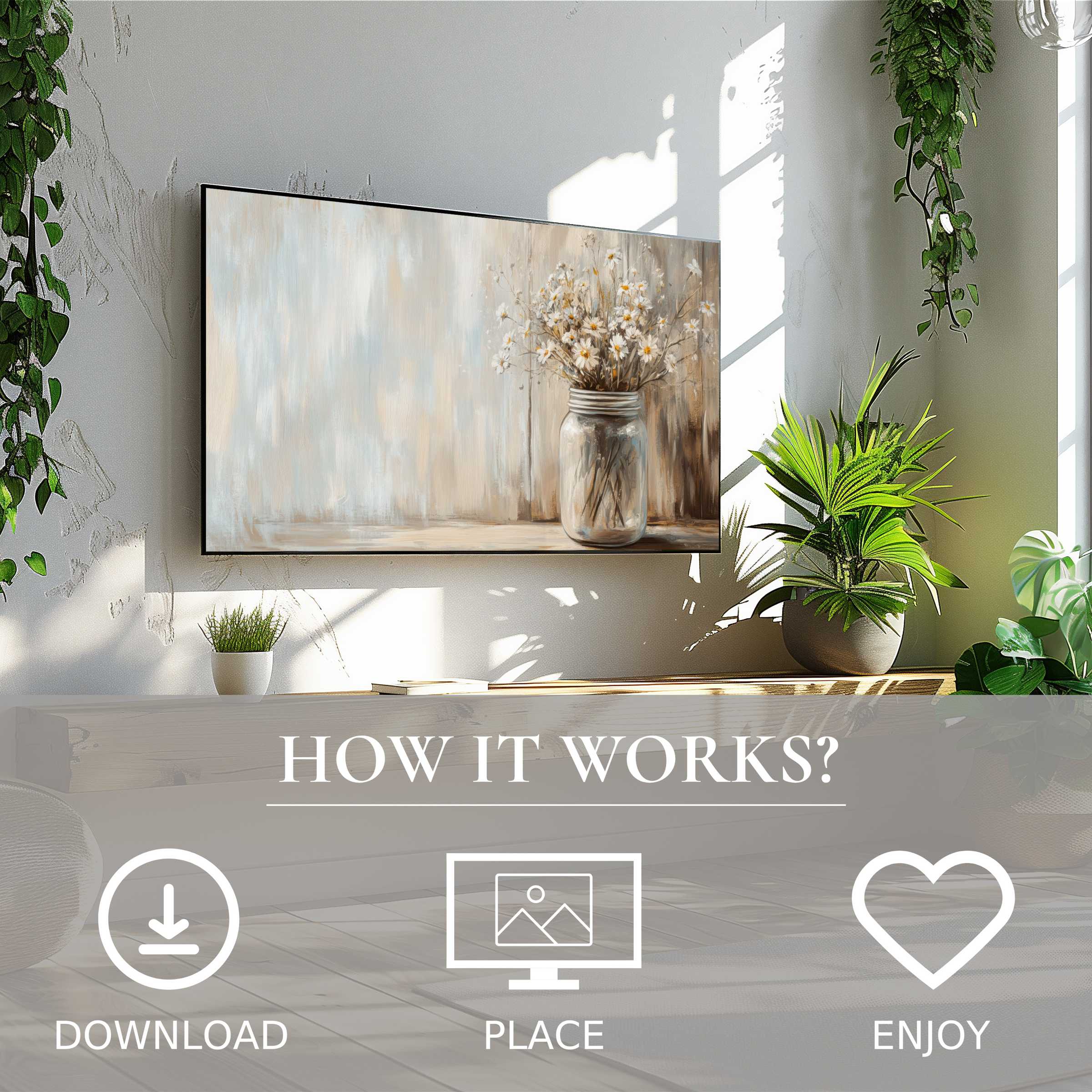 Farmhouse art for Samsung TV featuring soft neutral tones and daisies, easy digital download enriching modern living spaces