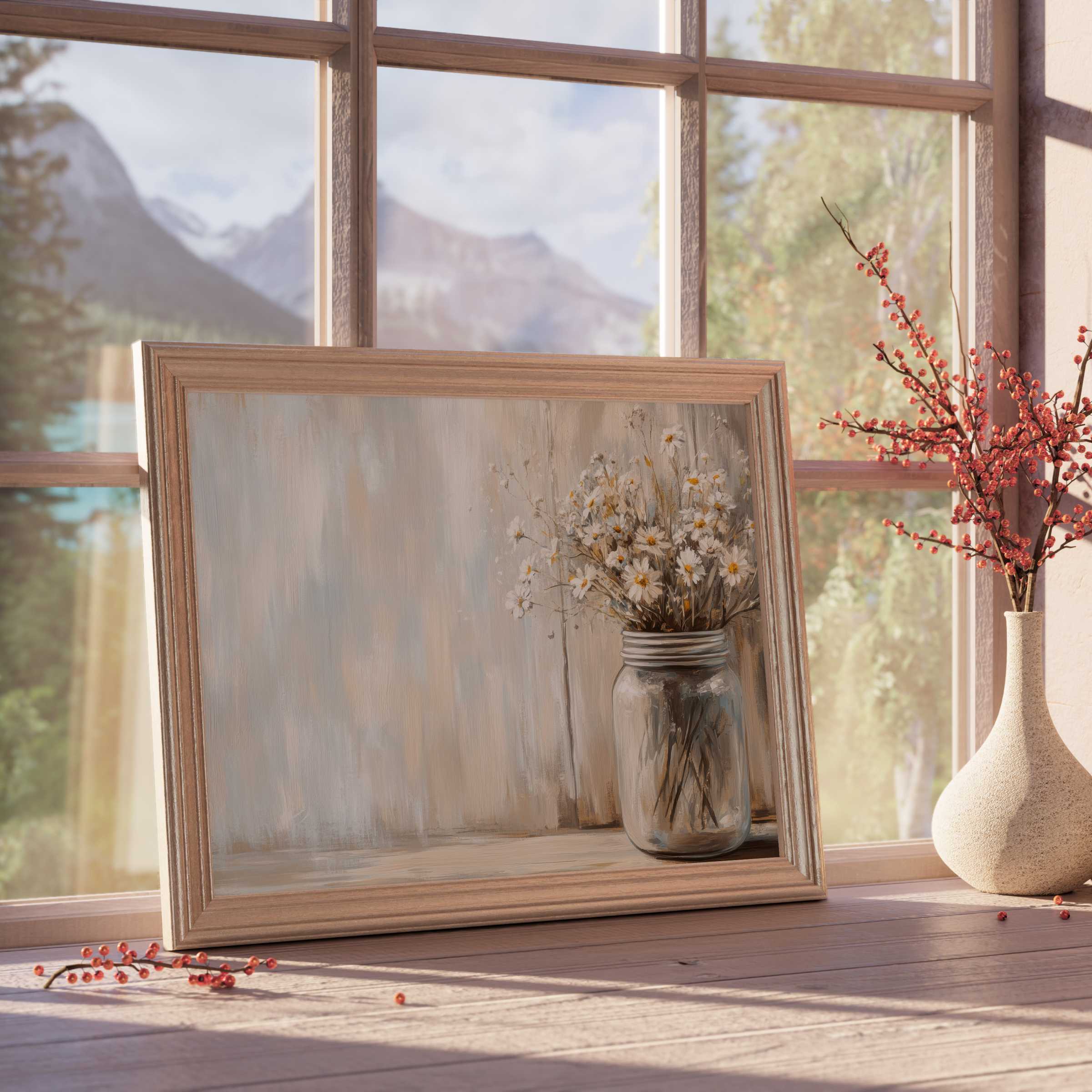 Farmhouse downloadable art featuring delicate daisies in a mason jar, enhancing serene, curated living spaces with warm rustic charm