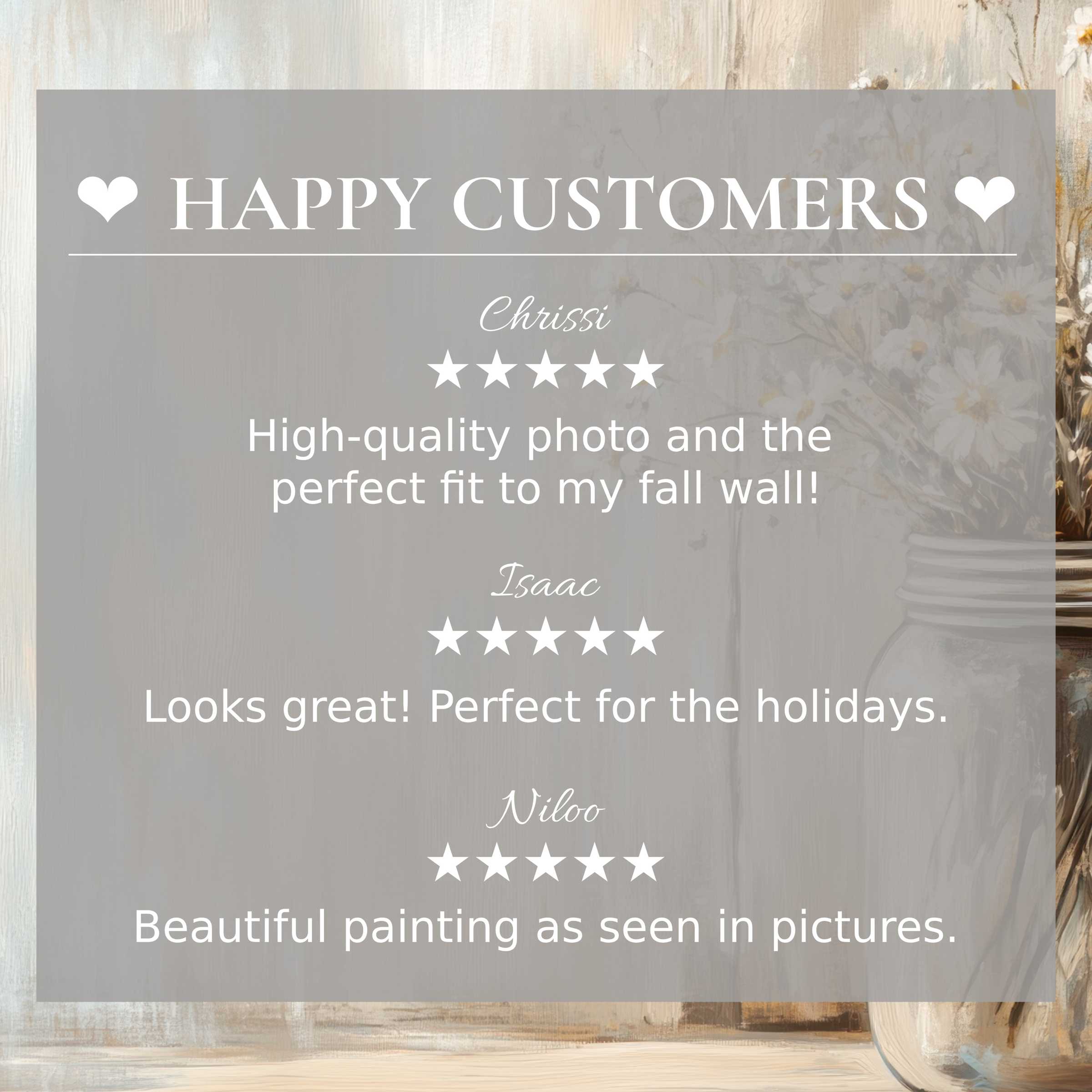 Trustworthy layout with farmhouse art for Frame TV, happy customer reviews, and subtle floral background painting