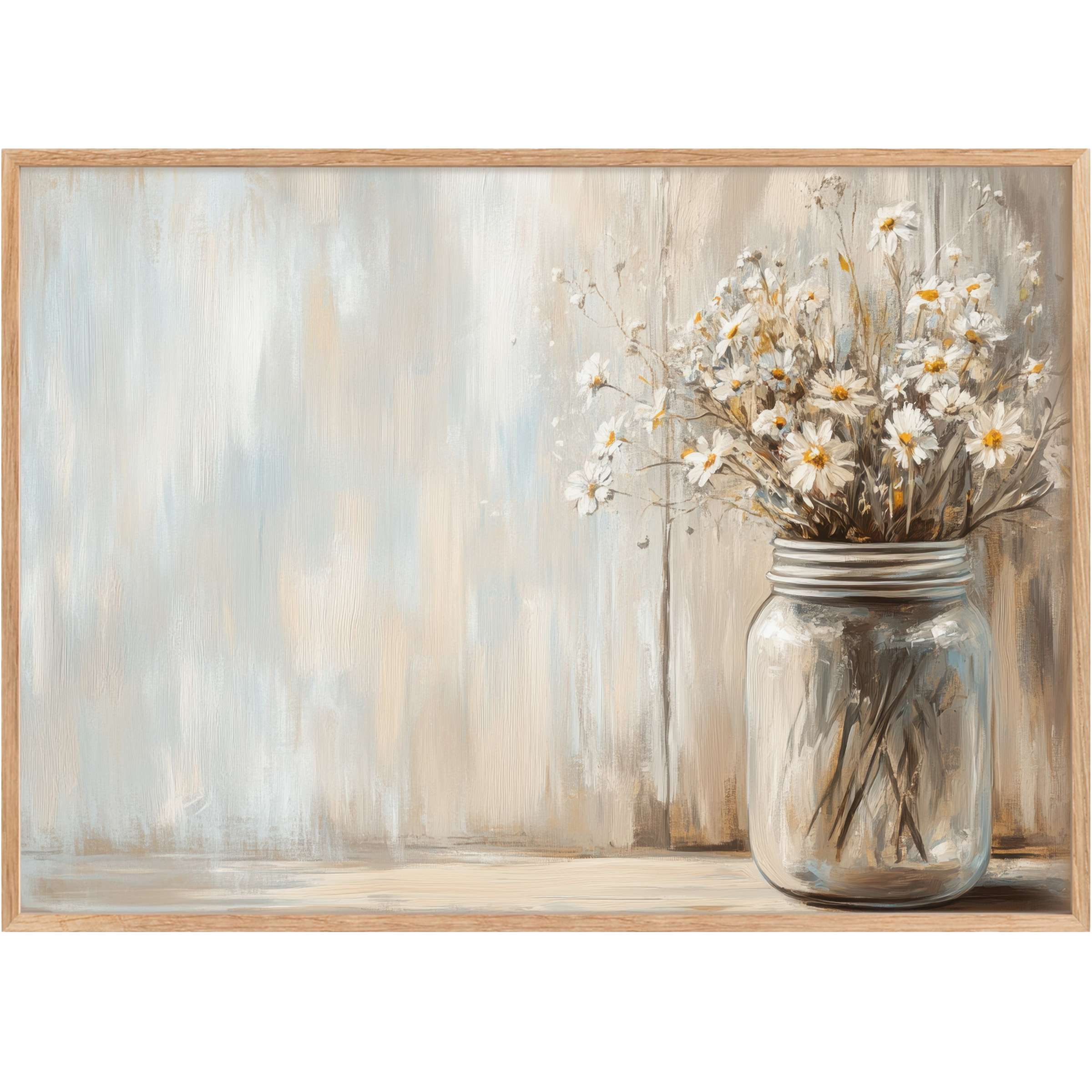 Serene farmhouse printable wall art featuring delicate daisies in a glass jar, evoking soft neutrals and timeless calm