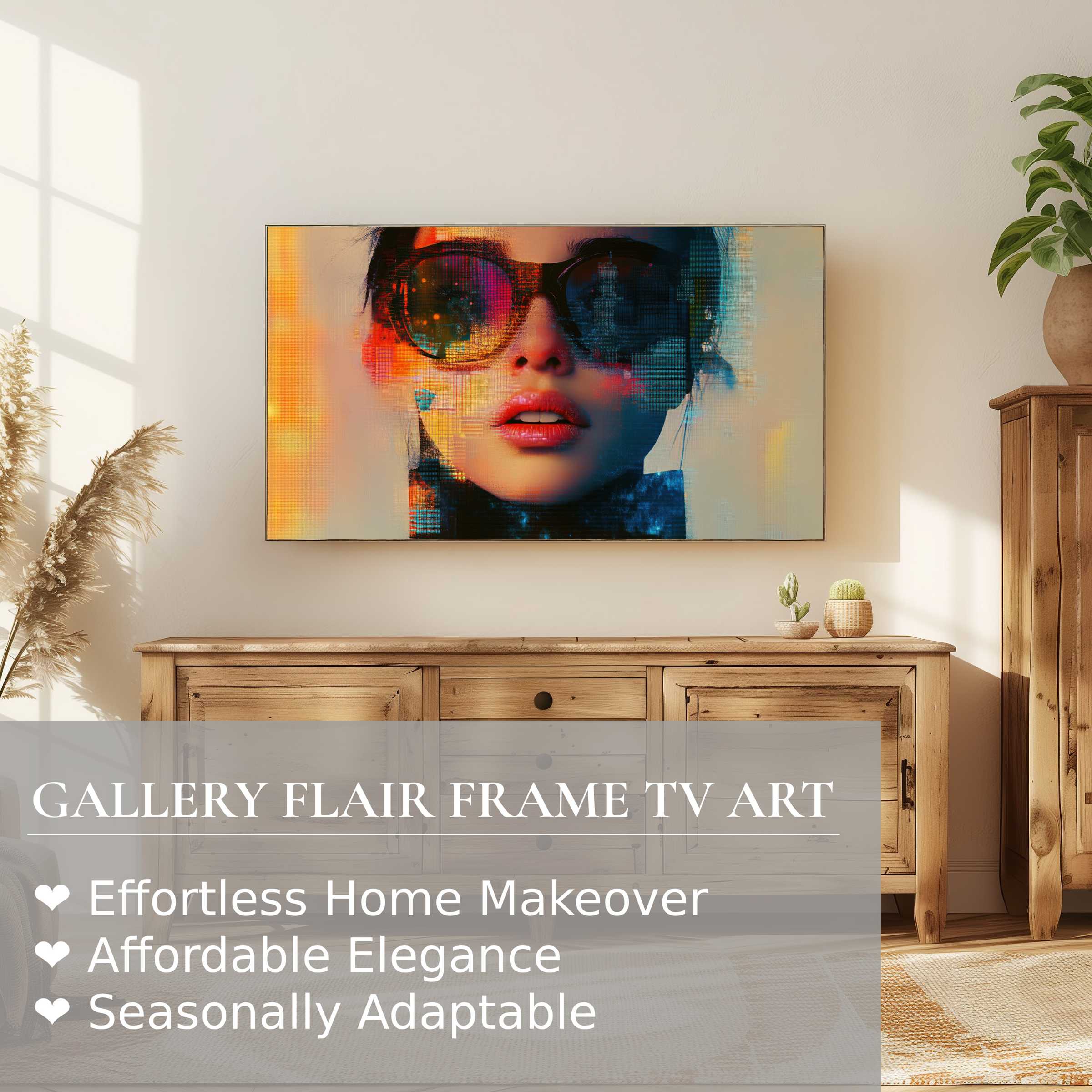 Samsung Frame TV displaying vibrant modern digital artwork of a chic woman, enhancing refined home decor