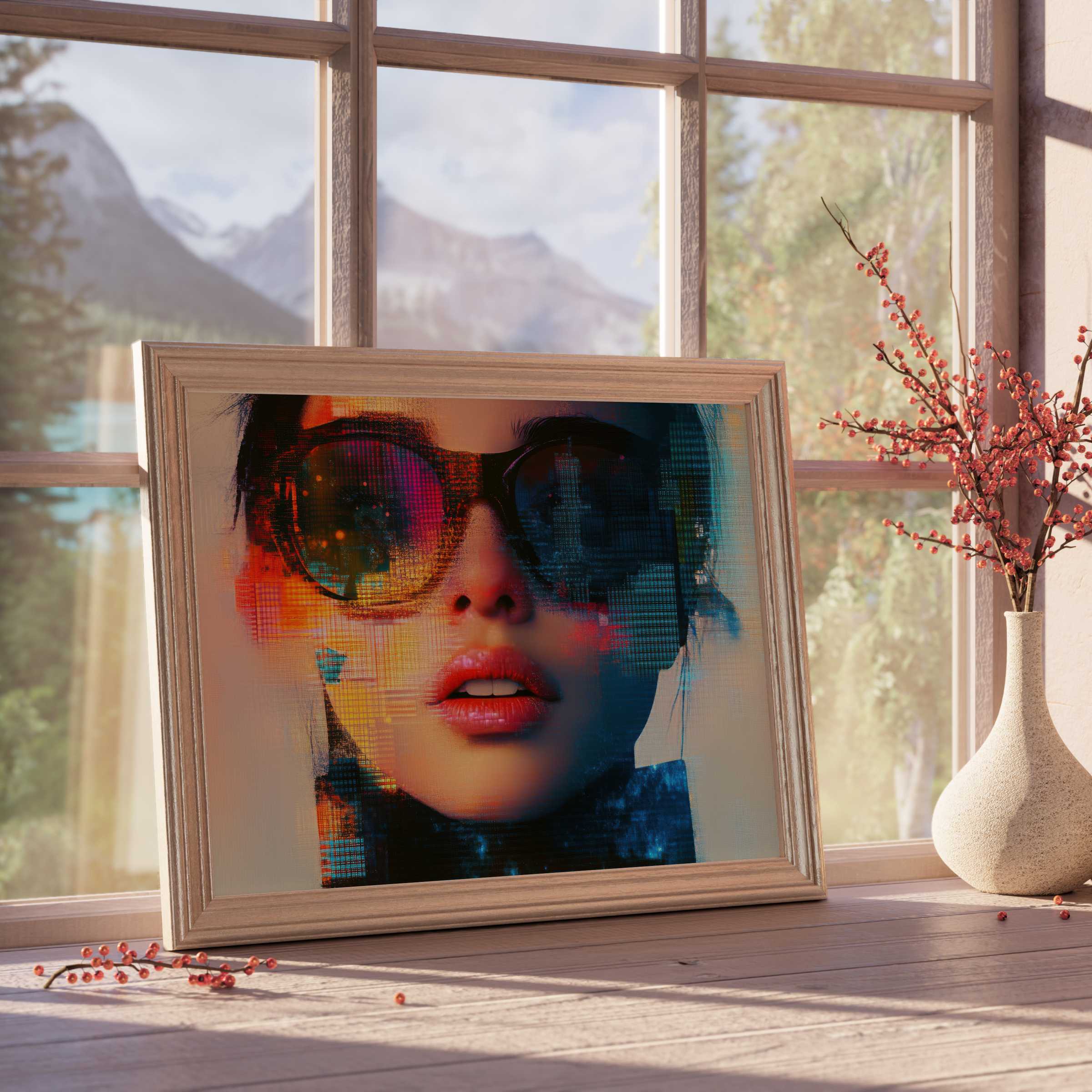 Modern downloadable art featuring a bold, vibrant portrait with urban hues, perfect for elevating curated, tranquil interiors
