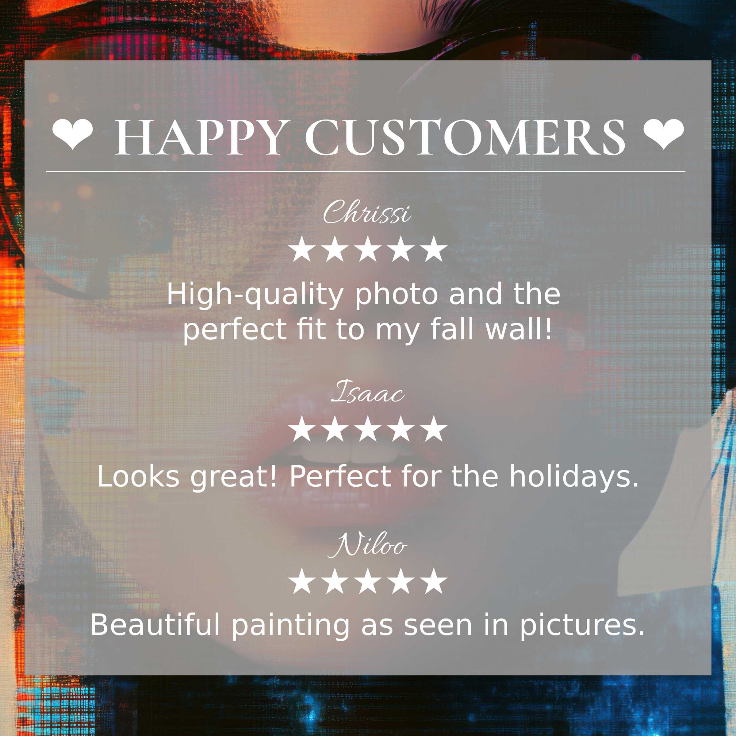 Modern art for Frame TV with abstract sunset hues; happy customer reviews build trust and highlight elegant design
