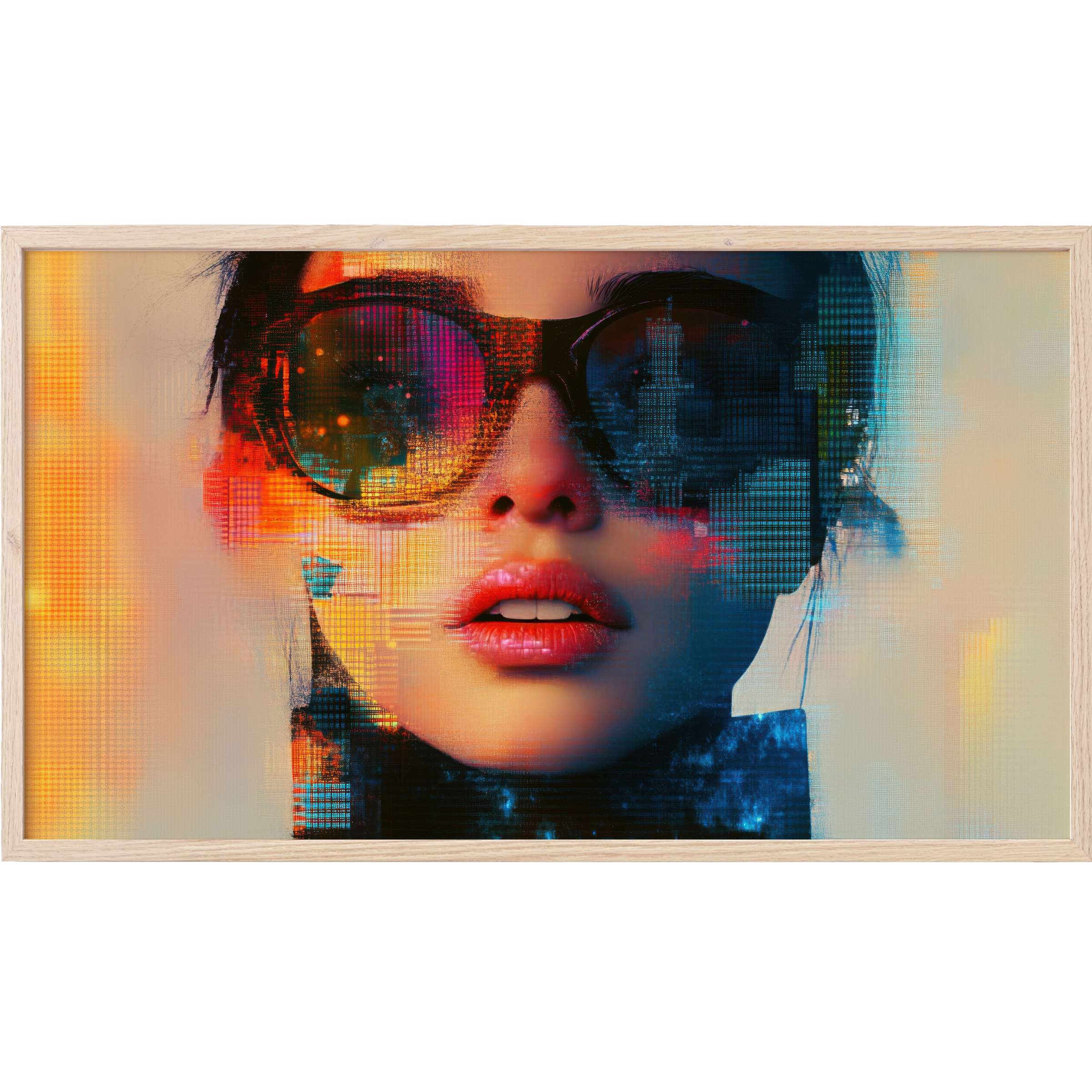 Modern Frame TV Art featuring a vibrant portrait with neon reds, blues, and abstract digital textures for chic interiors