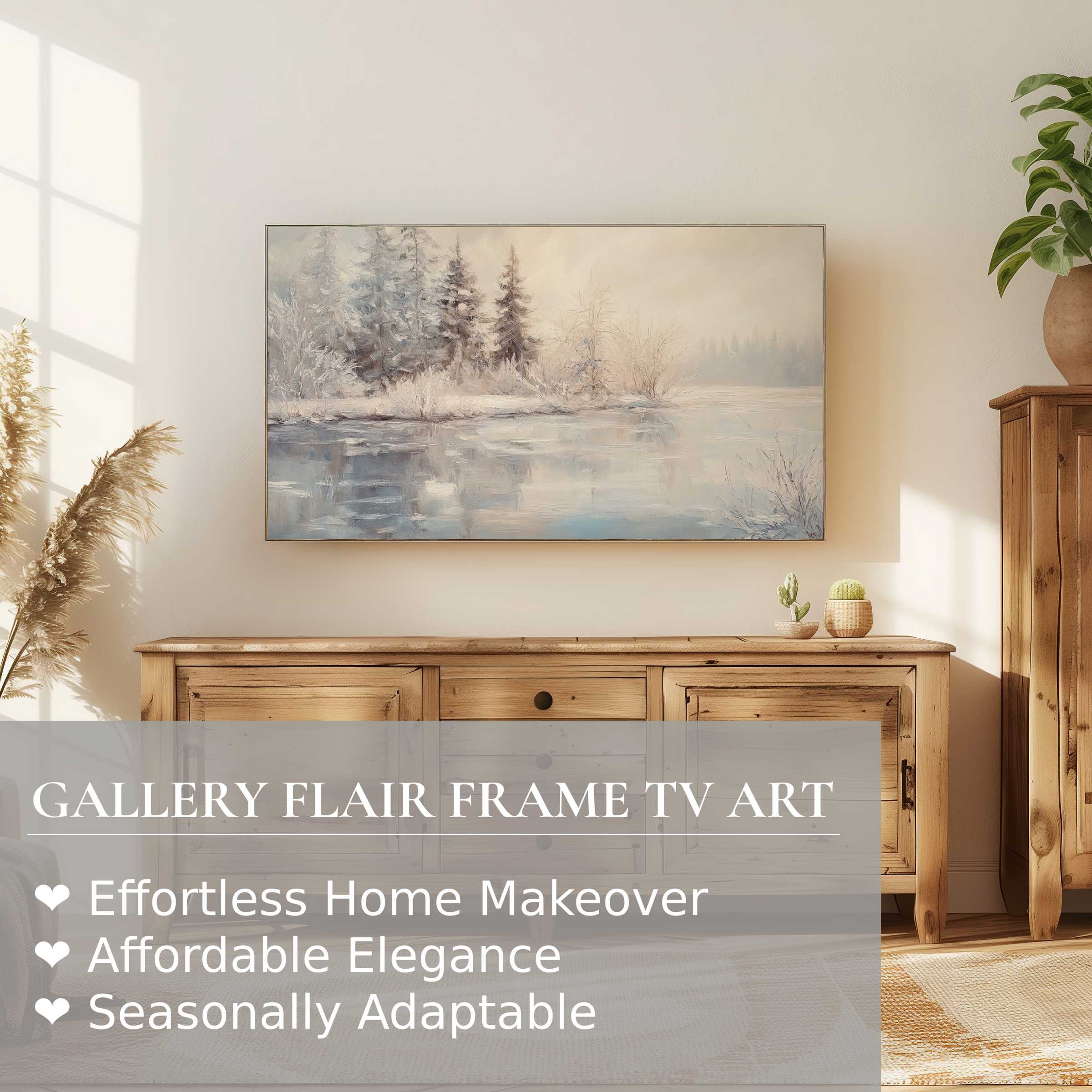 Minimalist Samsung Frame TV displays serene winter digital artwork above warm wooden console in elegant living space